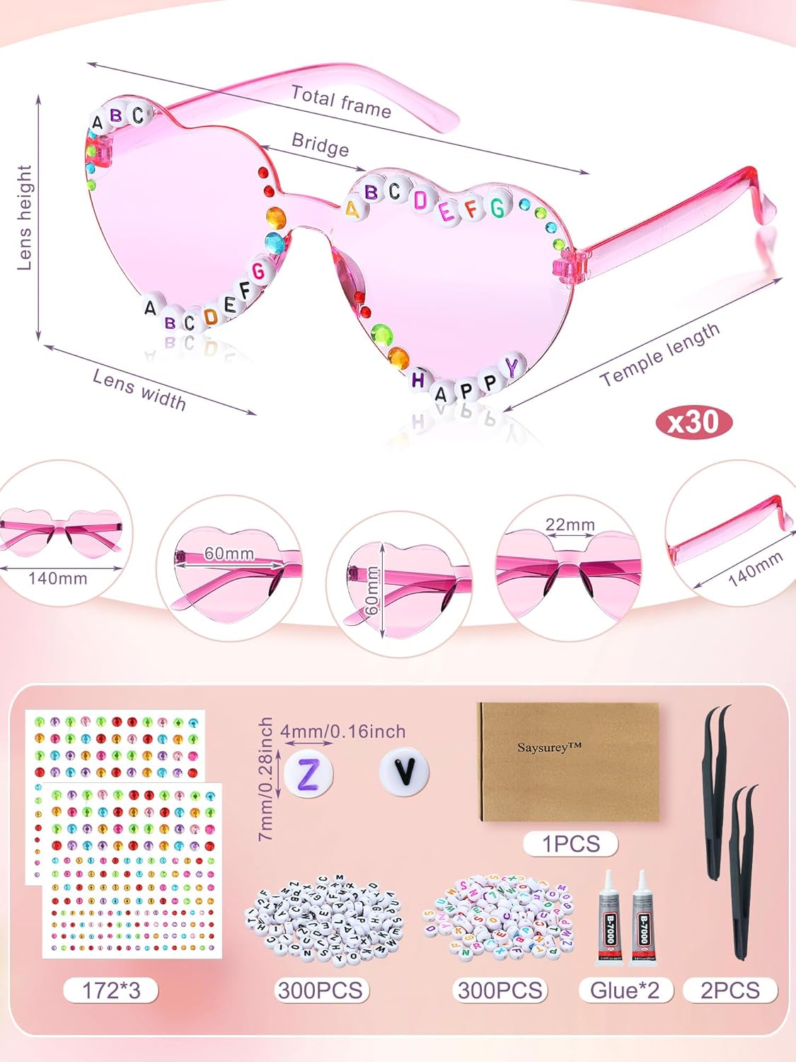 30 Pairs DIY Sunglasses Decorating Kit Heart Shaped Glasses Bulk Popular Party Favors with Letter Beads Rhinestones Stickers and Glues for Holiday Women - Image 2
