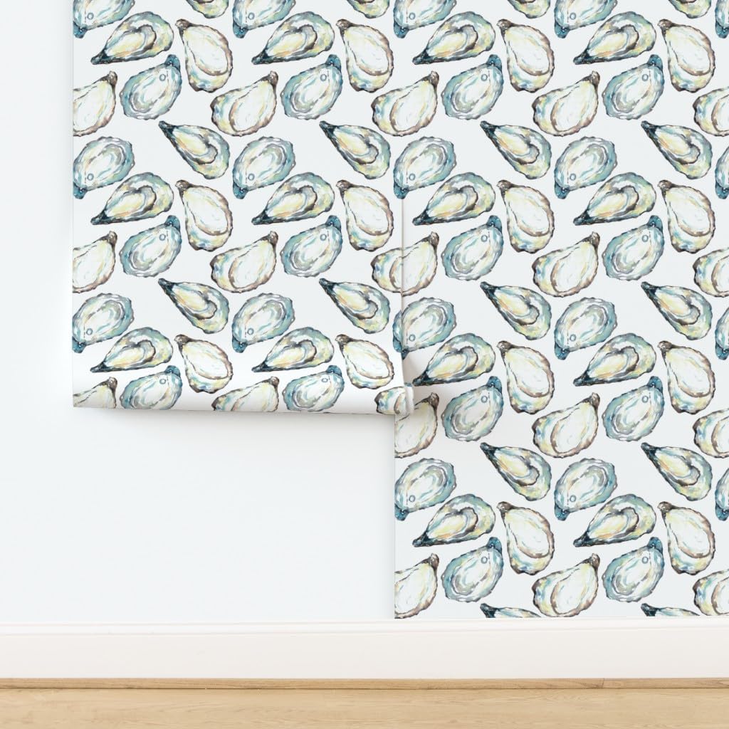 Spoonflower Peel & Stick Wallpaper 3ft x 2ft - Coastal Watercolor Oyster Shells Large Scale Ocean Life Seashell White Blue Yellow Soft Pastel Custom Removable Wallpaper