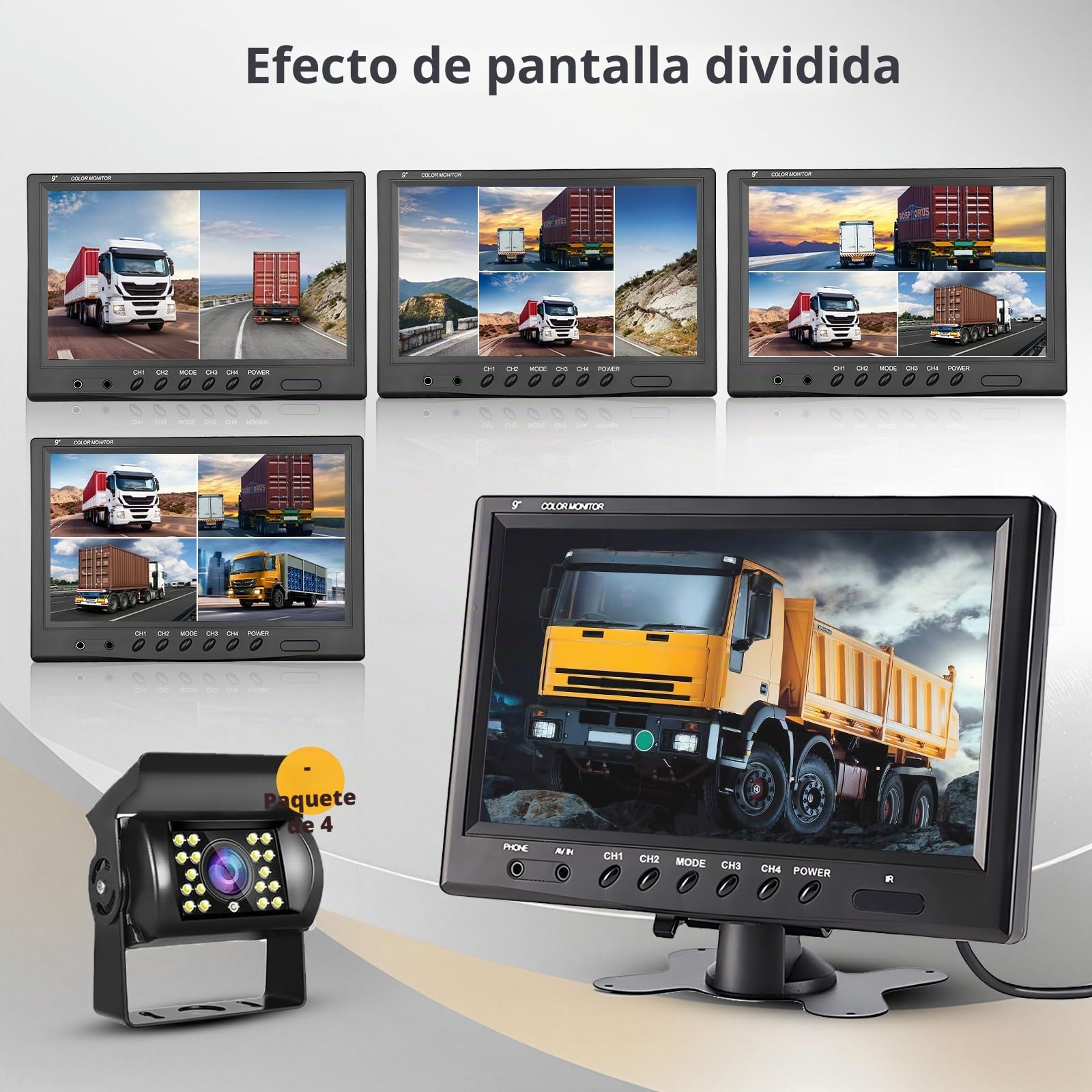 Cámara Marcha Atrás 4 Cámaras con Monitor 9 Pulgadas | Impermeable, Visión Nocturna, 4 Kabel Kamera mit 2x10m + 2x20m Kabel für LKW/Anhänger/Bus/Van 12-24V