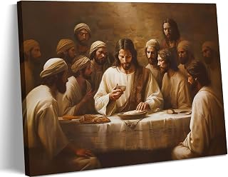 The Last Supper Canvas Wall Art Christian Wall Decor Pictures Jesus Print Artwork Religious Beliefs Bible Painting for Church Restaurant Gallery Decoration 16x12in With frame