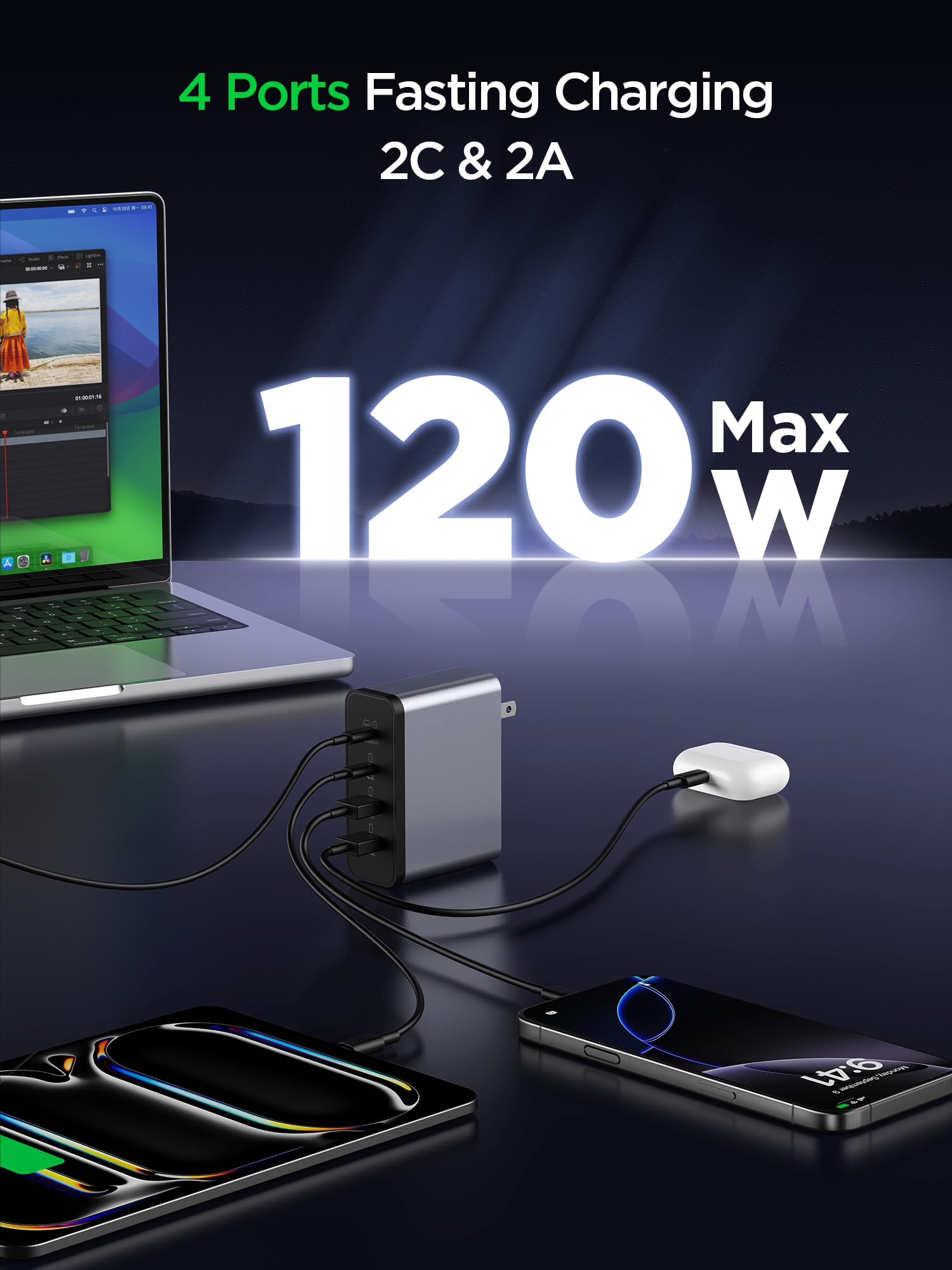 EIZLXQ Caricatore per MacBook Pro PD3.0 PPS 100 W USB C, caricatore rapido 120 W GaN per MacBook Pro/Air, iPhone, Samsung Galaxy, iPad Pro, grigio