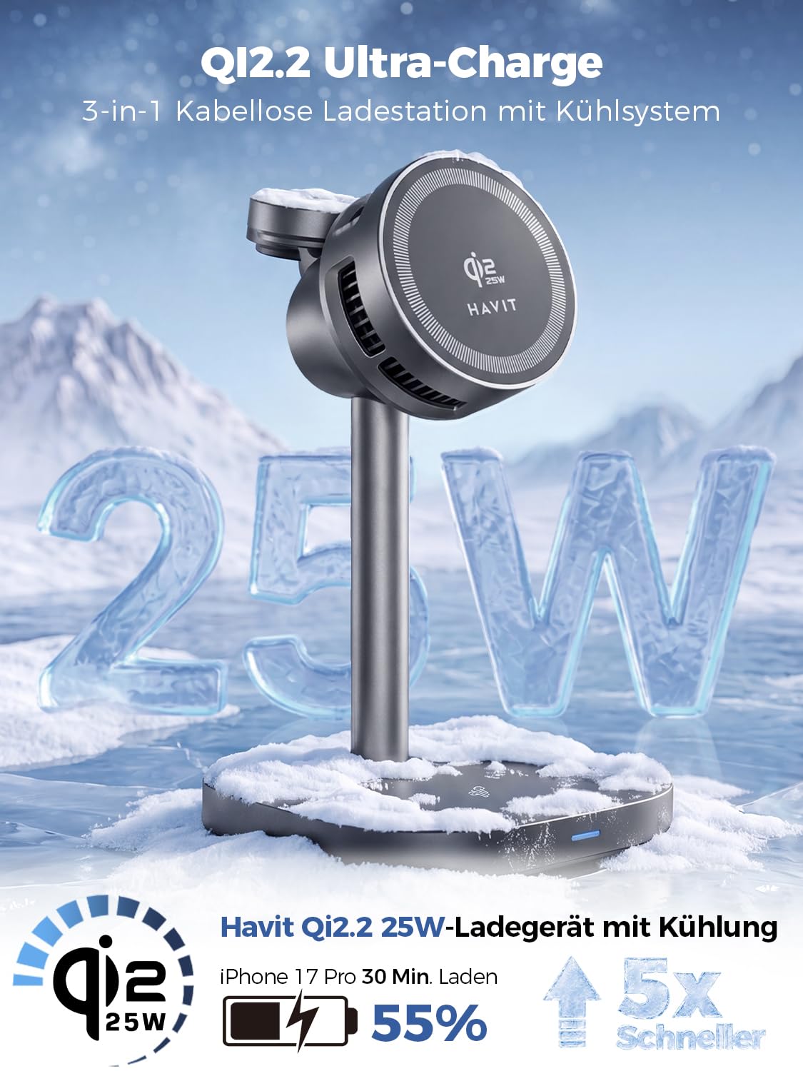 Qi2.2 25W MagSafe 3-in-1 Ladestation mit Kühlung für Apple Watch und iPhone | Wireless Charger für iPhone 17/16/15, Samsung S26/S25/S24, Watch, AirPods, aktive Kühlung, inkl. 45W Netzteil