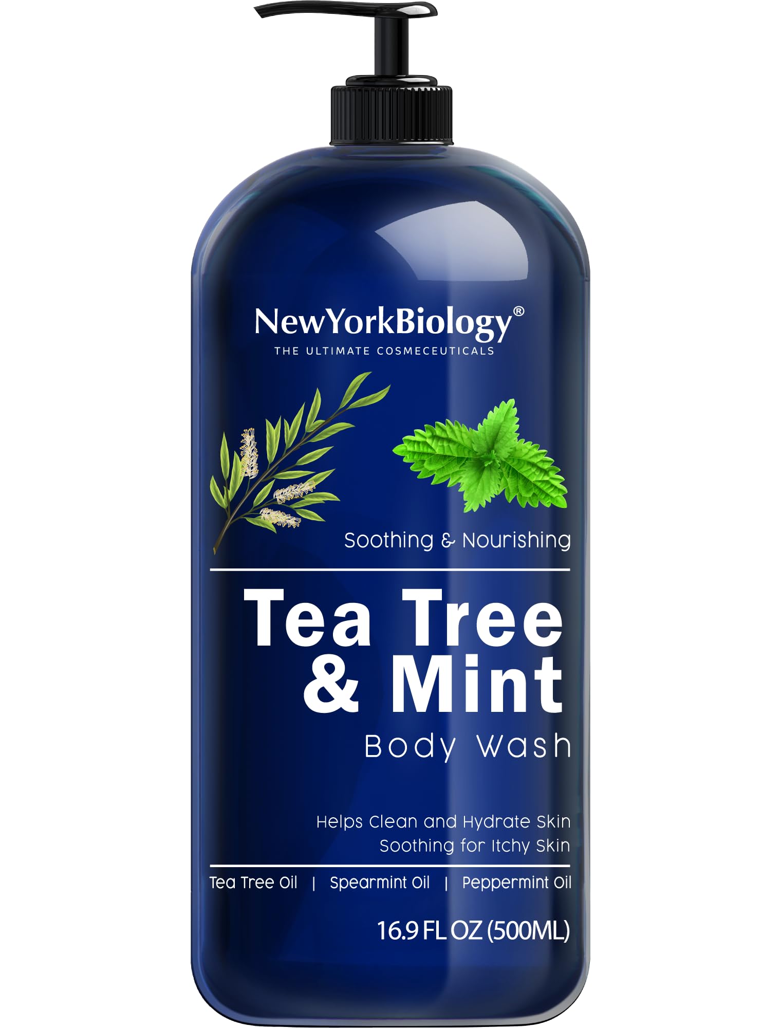 New York Biology Tea Tree Mint Body Wash for Men and Women - Moisturizing Body Wash Helps Soothe the Skin - Refreshing and Hydrating Cleanser for Body and Feet - 16.9 Fl Oz