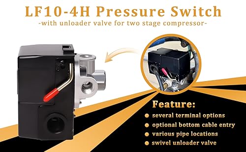 Miniatura 3 de Interruptor de presión LF10-4H, control de reemplazo del interruptor de presión del compresor de aire de 4 puertos NPT14 95-125 PSI 20A