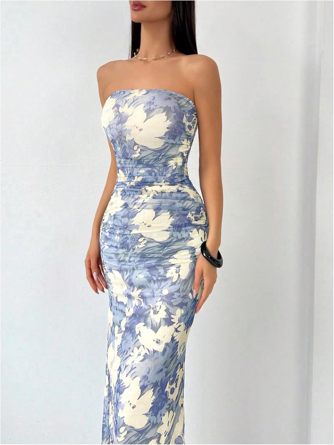 Milumia Women's 2026 Summer Floral Strapeless Tube Top Dresses Side Slit Wedding Guest Bodycon Maxi Dress - Image 4