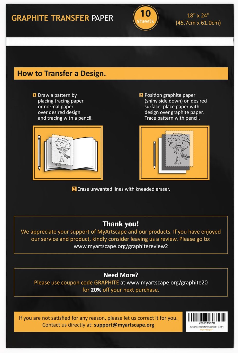 Graphite Transfer Paper, 18" x 24" - 10 Sheets - Black Waxed Carbon Paper - for Drawing, Tracing and Transfer - Premium Arts and Crafts Supplies by MyArtscape