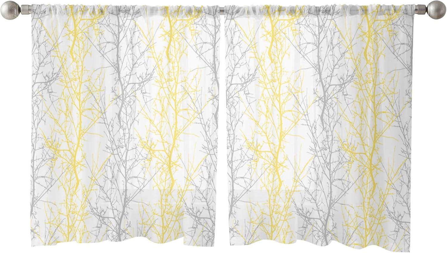 Yellow Grey Tree Branch Semi Sheer Curtains 45 inch Length Farmhouse Tree Window Treatments Curtains Light Filter Curtains Rod Pocket Drapes for Living Room Bedroom 2 Panels