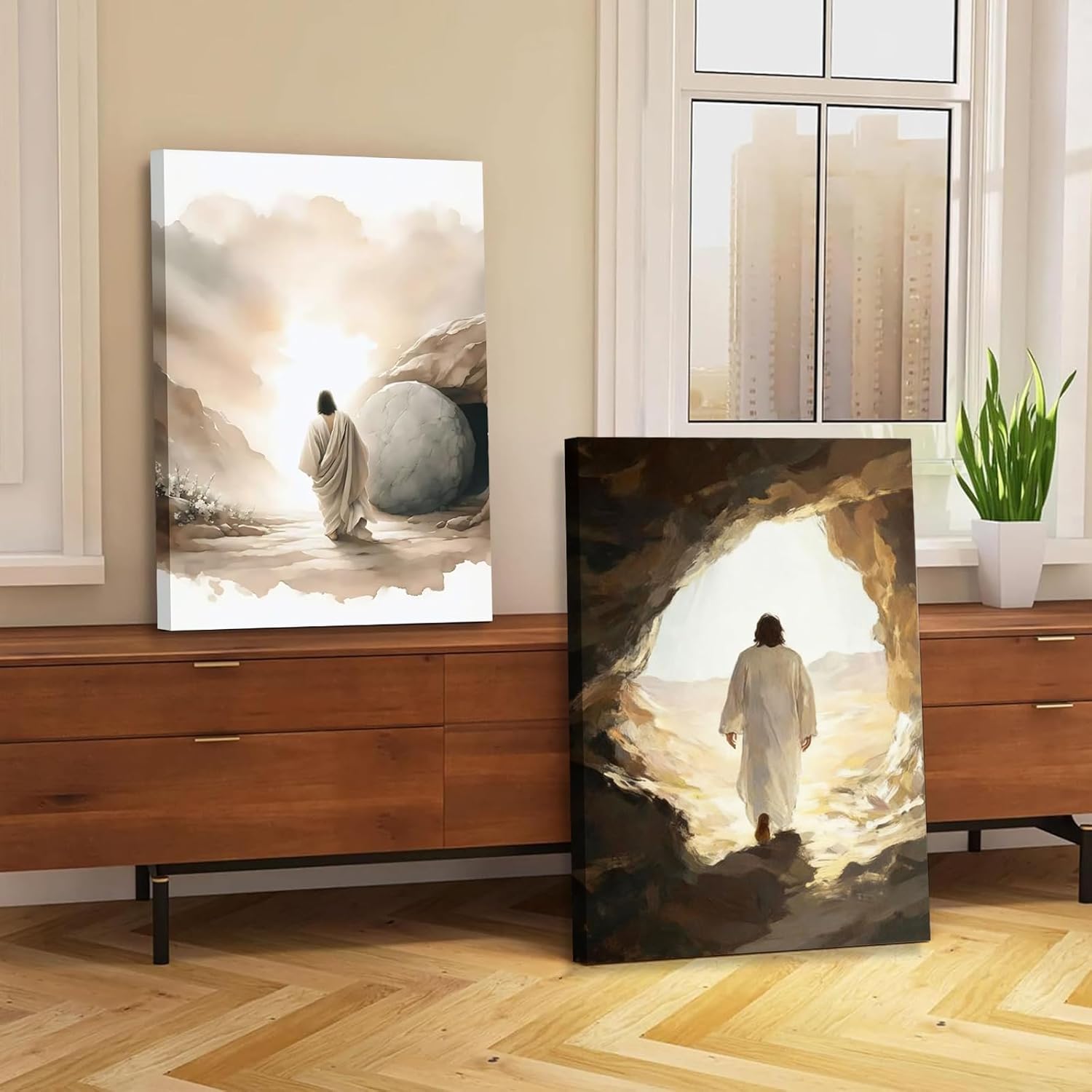 2Pcs Framed Jesus Canvas Wall Art Christain Jesus Leaves the Tomb Painting Poster, Resurrected Savior Jesus Pictures for Living Room Bedroom Church Home Deco 12x16in