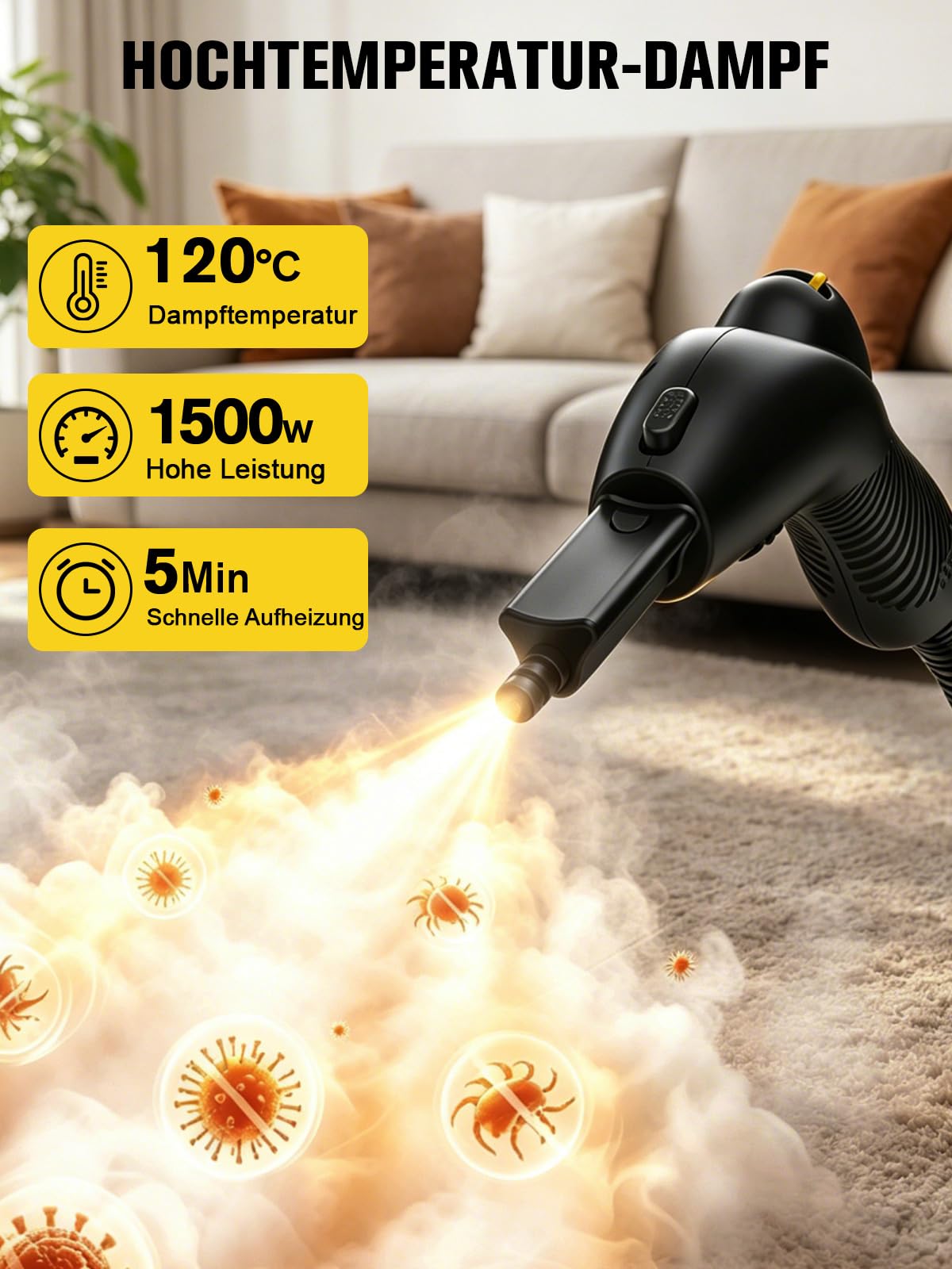 Waitbird Hand-Dampfreiniger für Zuhause, 4,5 Bar, 120 °C Heißdampf, 1500W | 21 Zubehörteile | Chemikalienfrei für Boden, Auto, Wand, Fugen, Küche und Bad | Doppelte Sicherheitsverriegelung