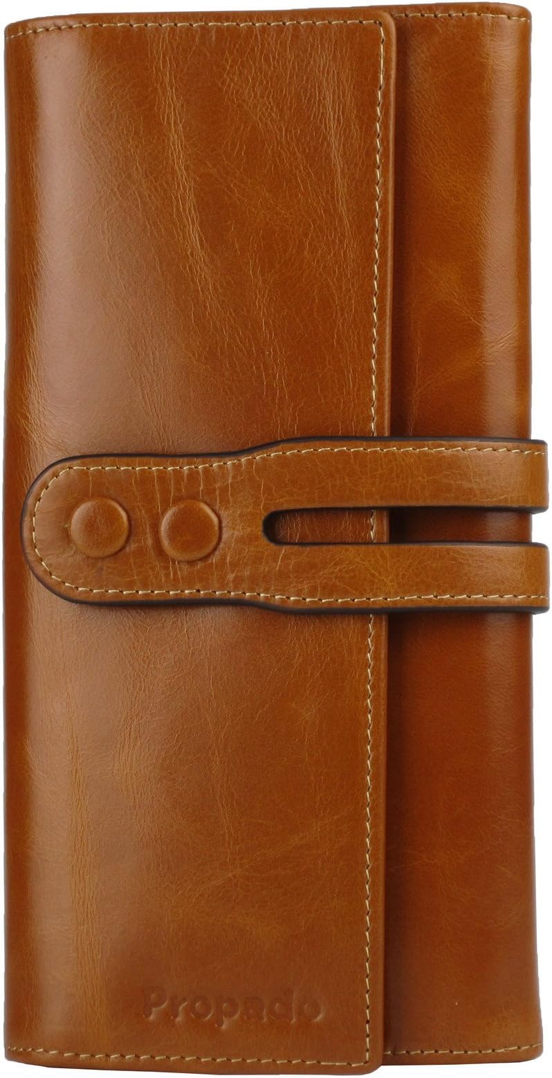 Women's Luxury Genuine Leather Long Wallet Clutch Purse Card Holder Zipper Pocket (Cognac Brown)