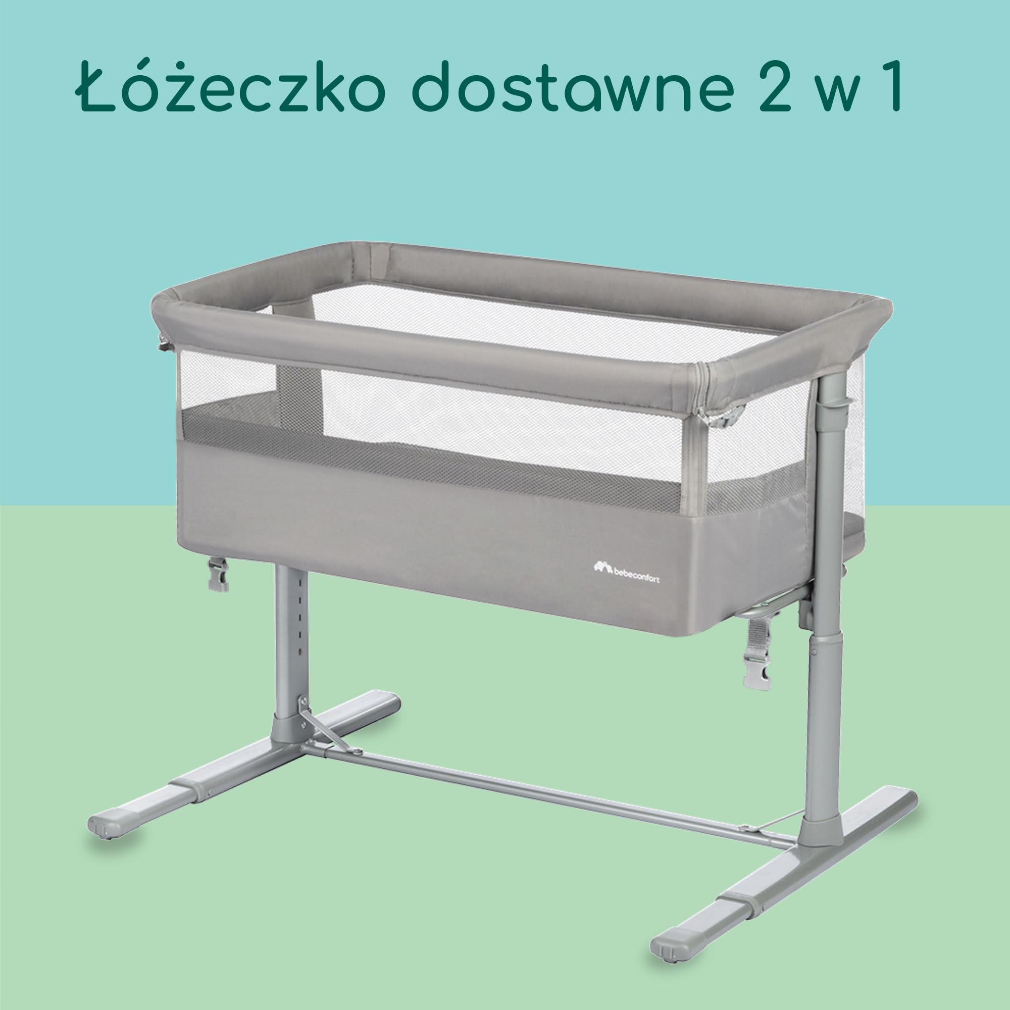 Bebeconfort Zina Łóżeczko Dostawne i Łóżeczko Niemowlęce od Urodzin do 6 Miesięcy (0-9 kg), Składane Łóżeczko Dostawne, 5 Regulowanych Pozycji Wysokości, Rozkładany Materac, Łatwy Montaż, Mineral Grey