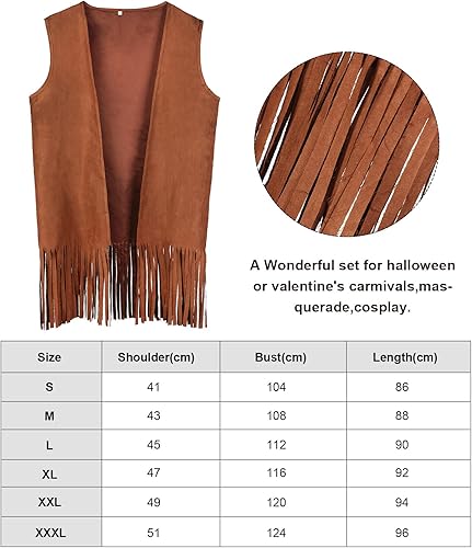 Miniatura 4 de SATINIOR Disfraz hippie de los años 60 y 70 para hombre, con flecos, tela de gamuza, chaleco hippie para Halloween, carnaval, Mardi Gras, fiesta de