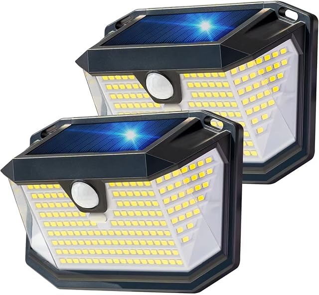 LEIORIO Solar Lights Outdoor, Solar Security Lights Outdoor Motion Sensor 202 LED 3 Modes 270° Wide Angle Solar Garden Lights IP65 Waterproof Solar Wall Light for Front Door, Garage, Fence[2 Pack]