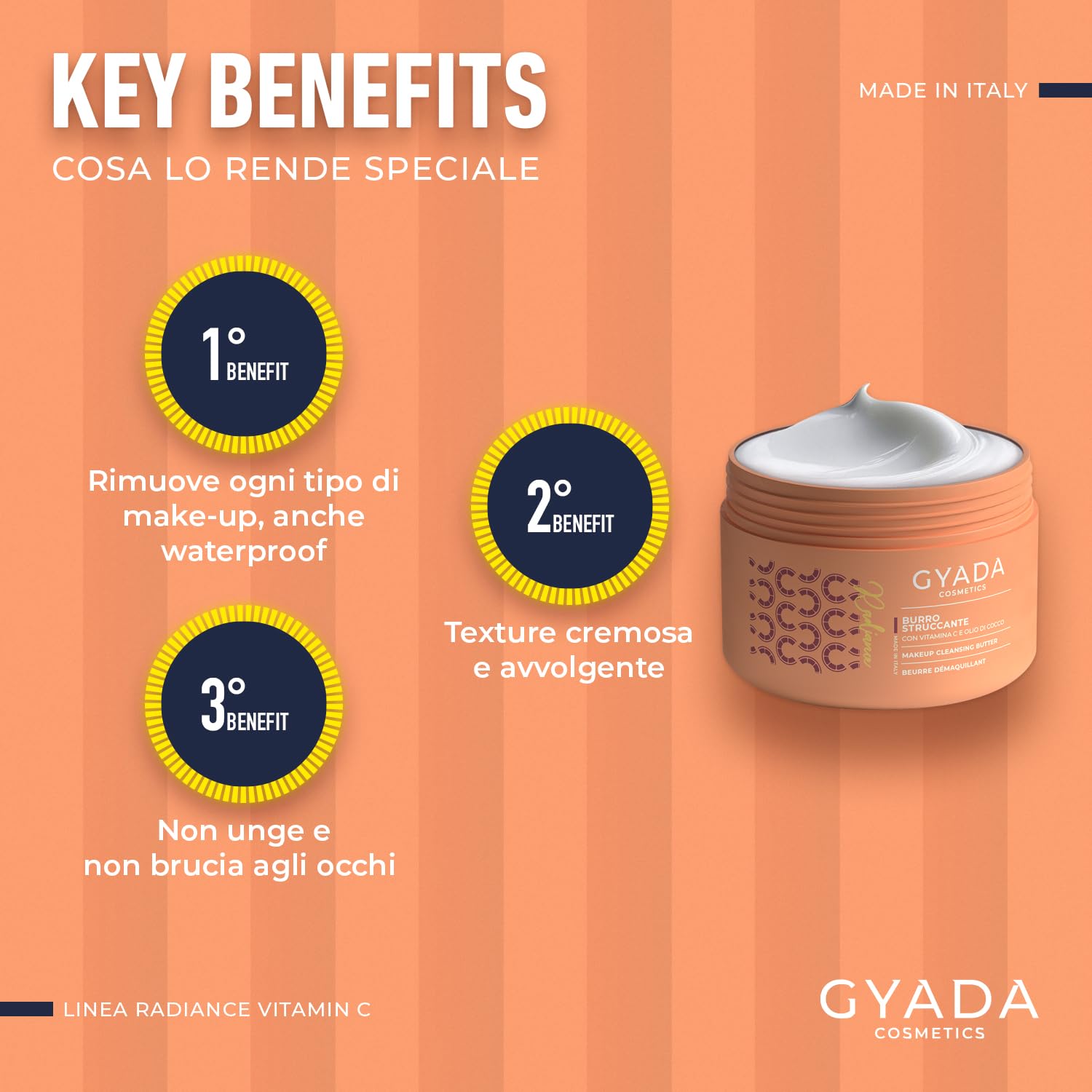 Gyada Cosmetics, Radiance Burro Struccante, Nuova Formula, Rimuove Anche il Make-up Waterproof, Non Unge, Texture Fondente, Con Vitamina C e Olio di Cocco, 200 ml