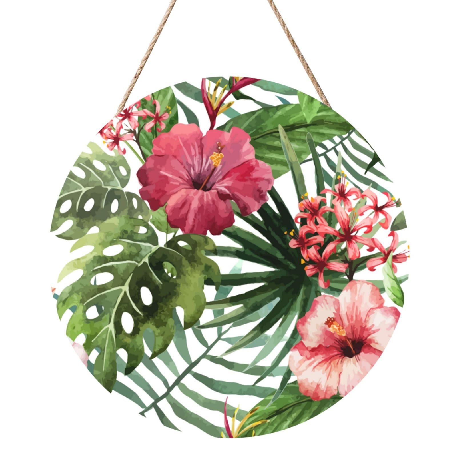InOmak Hibiscus Flower Print, Round Wood Panel Painting 12 in, Wall Hanging Painting For Home