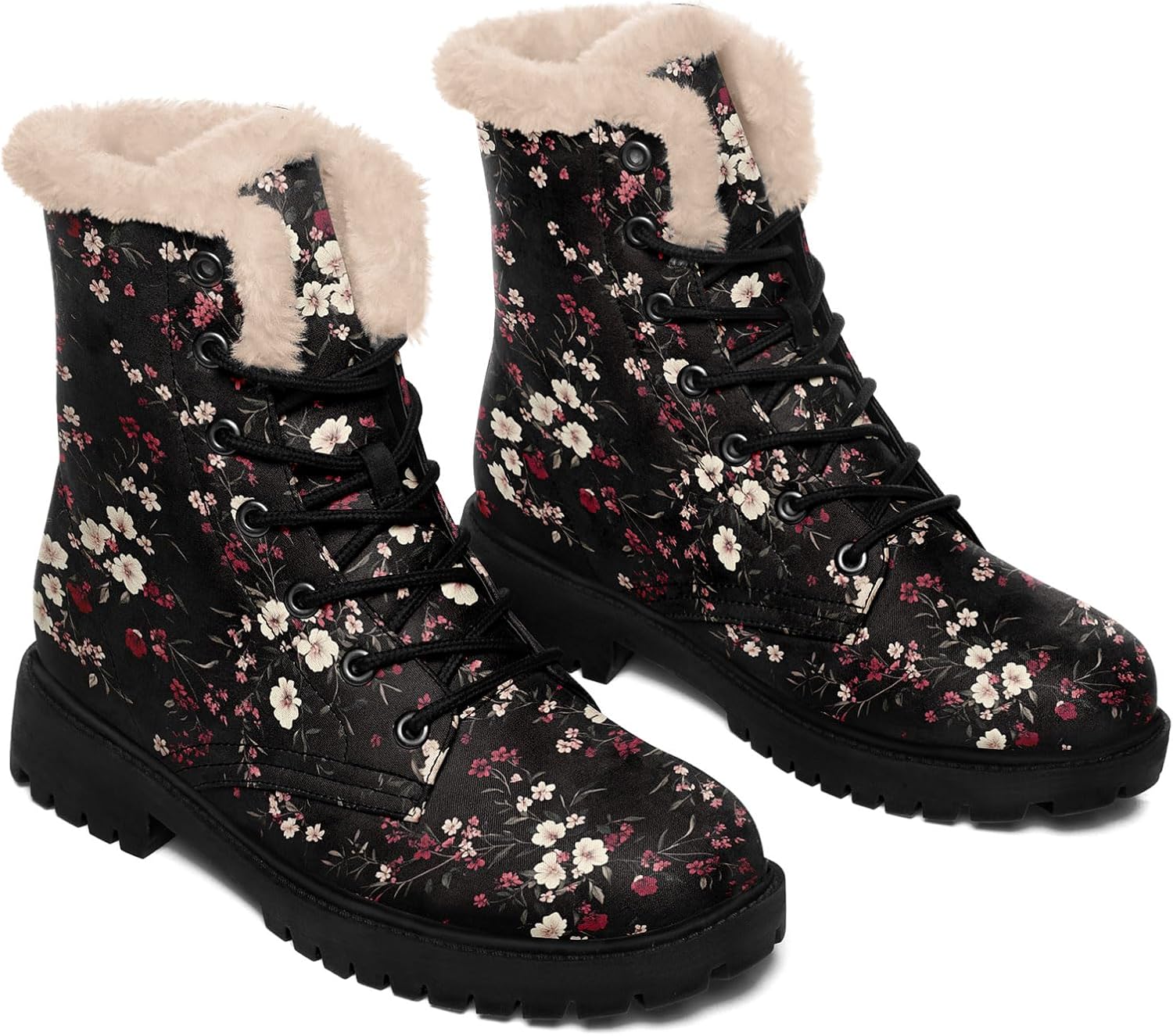Retro Floral Winter Boots for Women, Soft Fleece Lining Vintage Flower Print Lace-Up Combat Boots Platform Booties