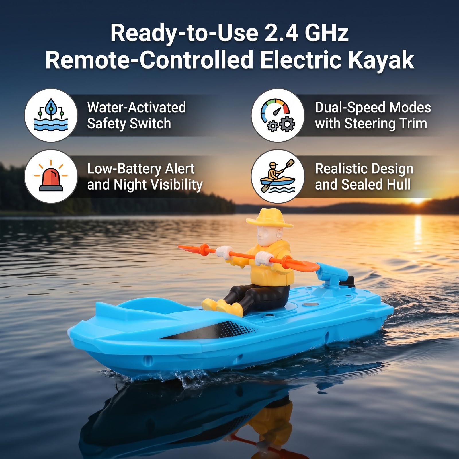 Barca radiocomandata da kayak radiocomandata, 2,4 GHz, con interruttore di sicurezza attivato ad acqua, modalità a doppia velocità per piscina, lago, laghetto, facile da usare (blu)