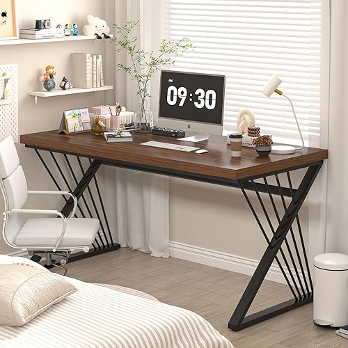 Miniatura 3 de FOLUBAN Escritorio de oficina en casa, mesa de trabajo moderna de madera y metal, escritorio industrial para computadora para dormitorio, sala de