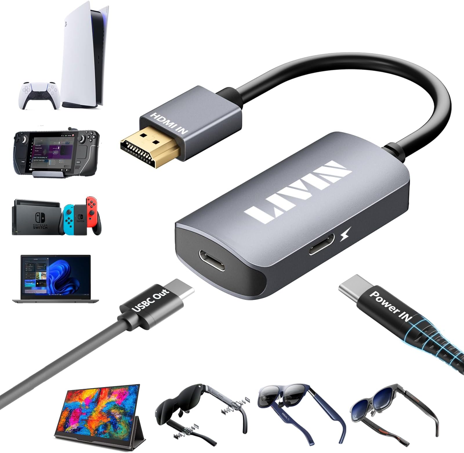HDMI to USB C Adapter (4K@60Hz) Portable Monitor, AR Glasses XREAL One、Air 2 Pro/VITURE Pro/RayNeo Air 2s/Rokid, HDMI Male(Source) to USB C Female(Display) Laptop,Switch,ROG Ally,Steam Deck,PS4/5,Xbox