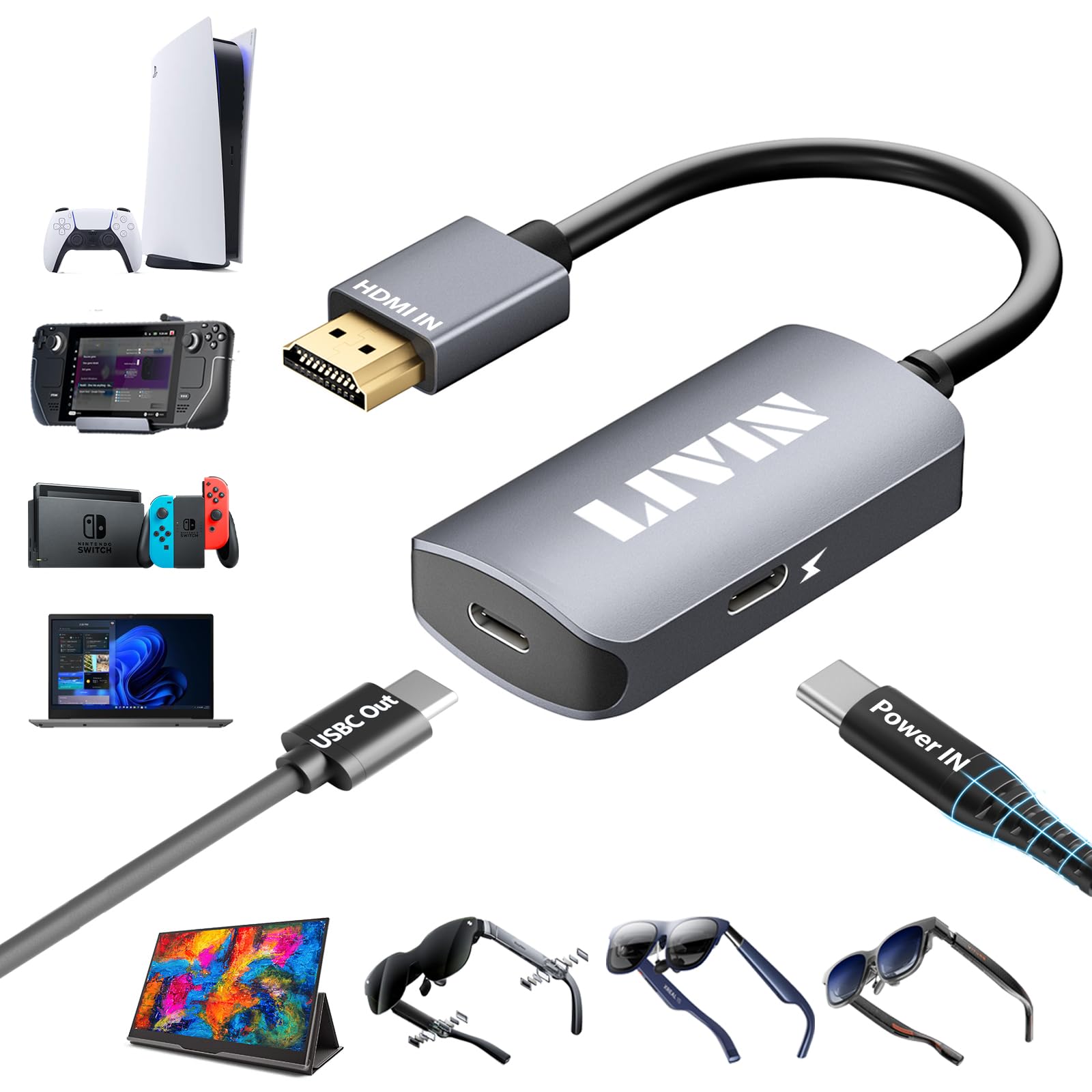 HDMI to USB-C Adapter, 4K@60Hz + Charging Port, Plug & Play, Aluminum Case, HDMI to Type-C Adapter, Xreal, Rokid Air/Max, VITURE One, RayNeo, Portable Monitor, Laptops, Switch, ROG Ally, Steam