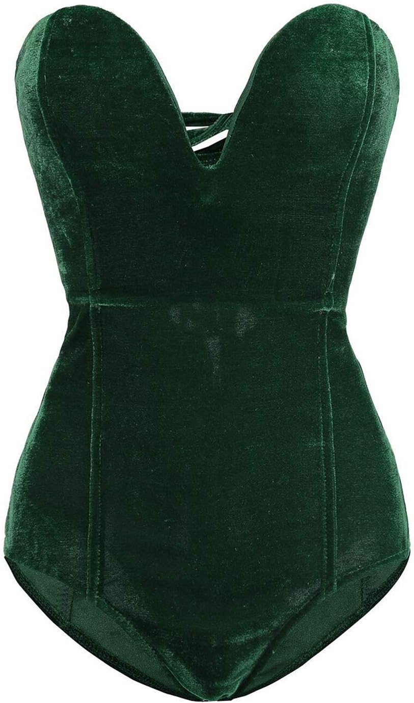 Women Sexy Velvet Strapless Bodysuit Jumpsuit Sweetheart Deep V Neck Cross Back Vintage Bodycon Leotard Bustier Top - Image 3