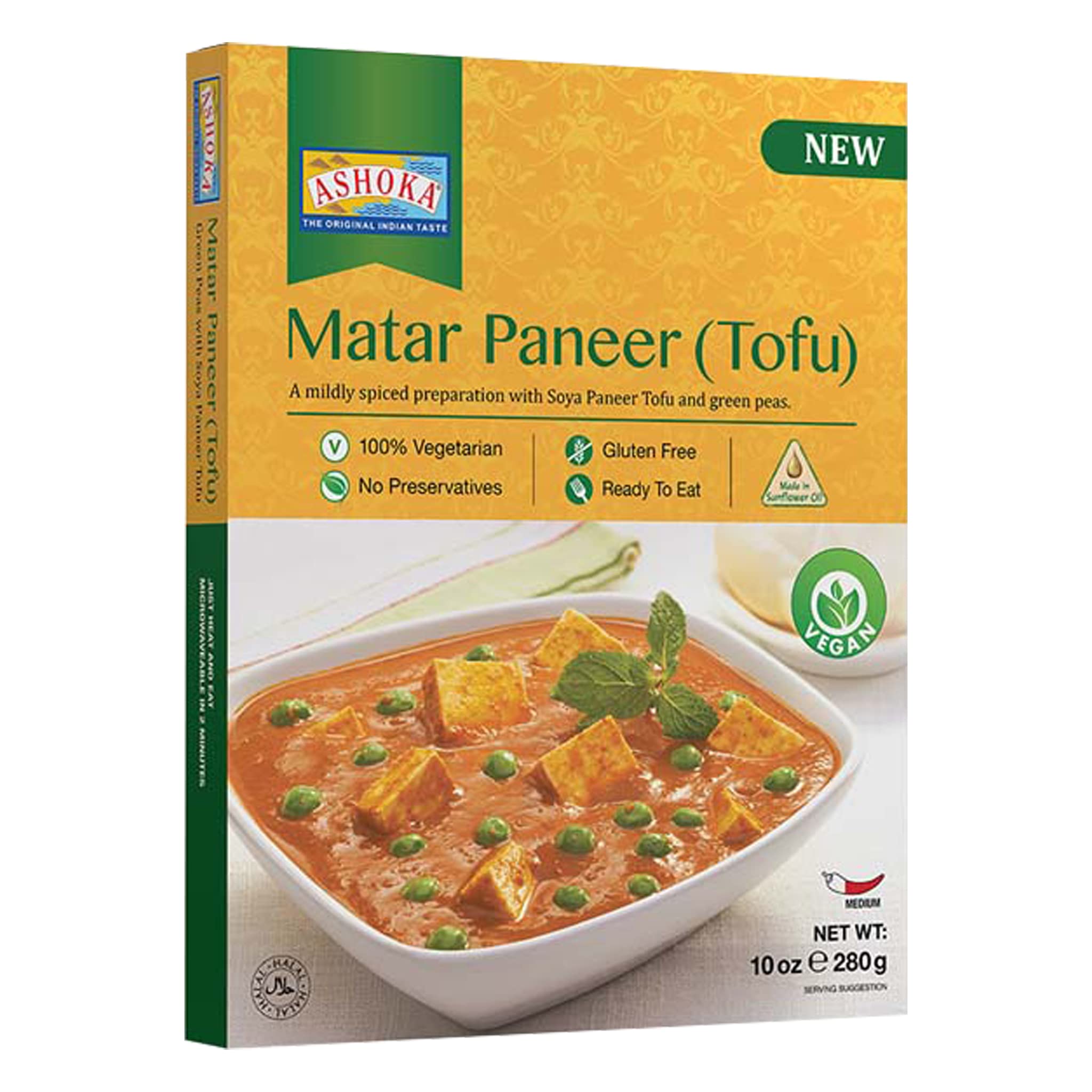 Ashoka Heat & Eat Meals 1932, Plant-Based Tofu & Green Peas Curry, Gluten-Free On the Go Meals, Kosher Certified, All-Natural Matar Paneer, Microwave Friendly with No Preservatives, Pack of 1