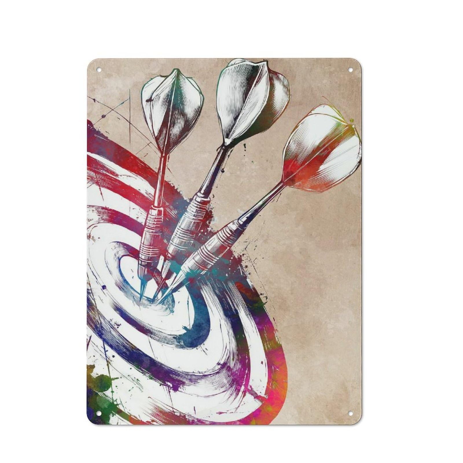 Junmoney Style-15 Tin Wall Sign With Darts Hitting Target, Watercolor Style Design 40X30cm, Cosy Cafe Wall Decor For Kitchen, Cafe, Pantry Or Dining Room