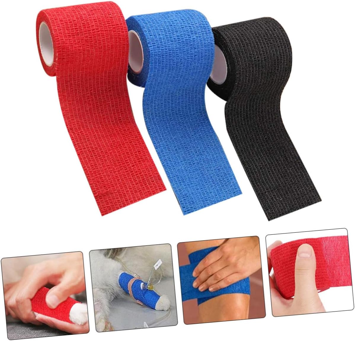 3pcs Self-Adhesive Elastic Wrap Bandages for Sports Injury Aid Compression Tape for Ankle Wrist Knee Black Blue Red