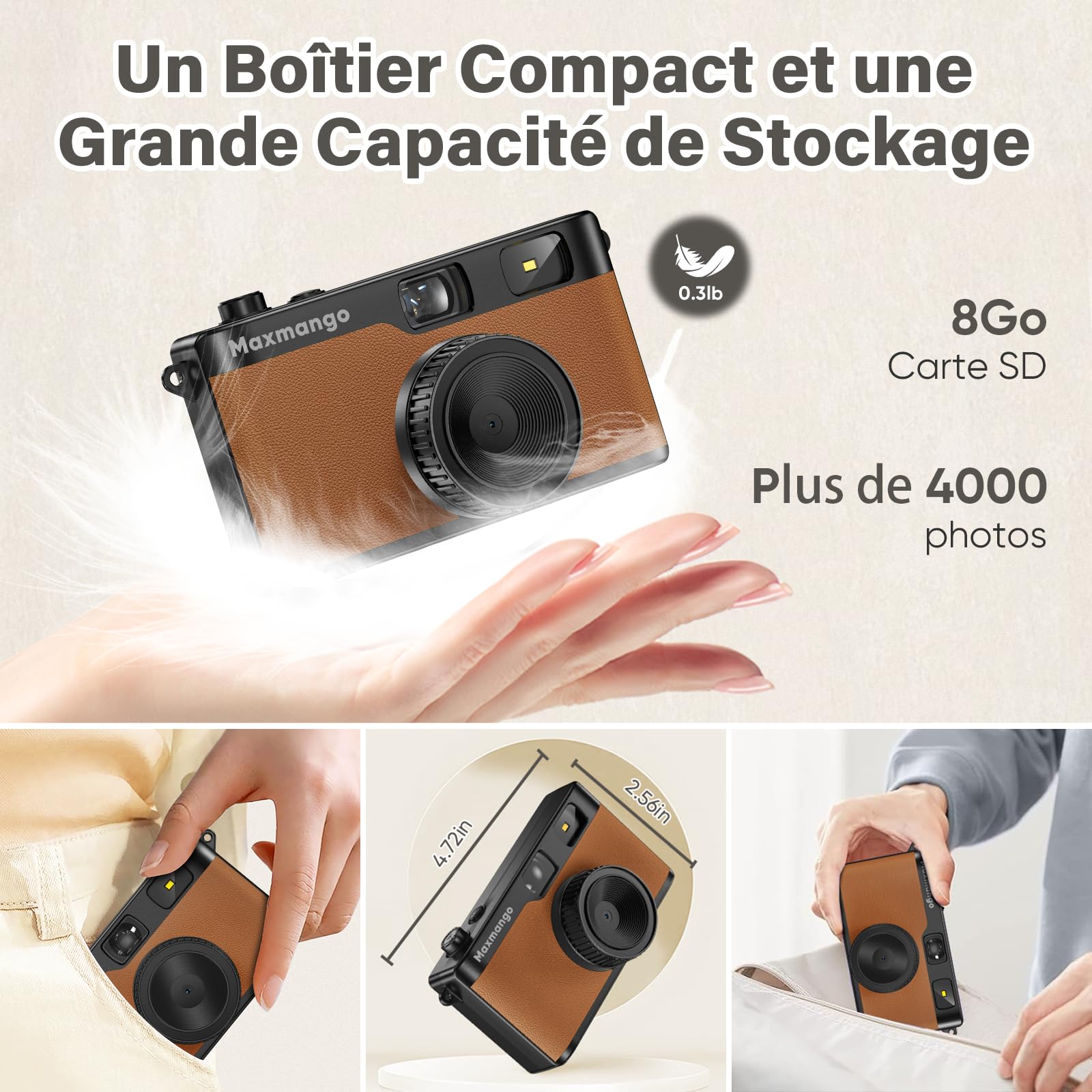 Maxmango D53 Appareil Photo numérique, 12 MP Appareil Photo Vintage Filtres DIY, Appareil Photo numérique Comprend Une Carte SD de 8 Go pouvant Stocker 4000 Photos(Marron)