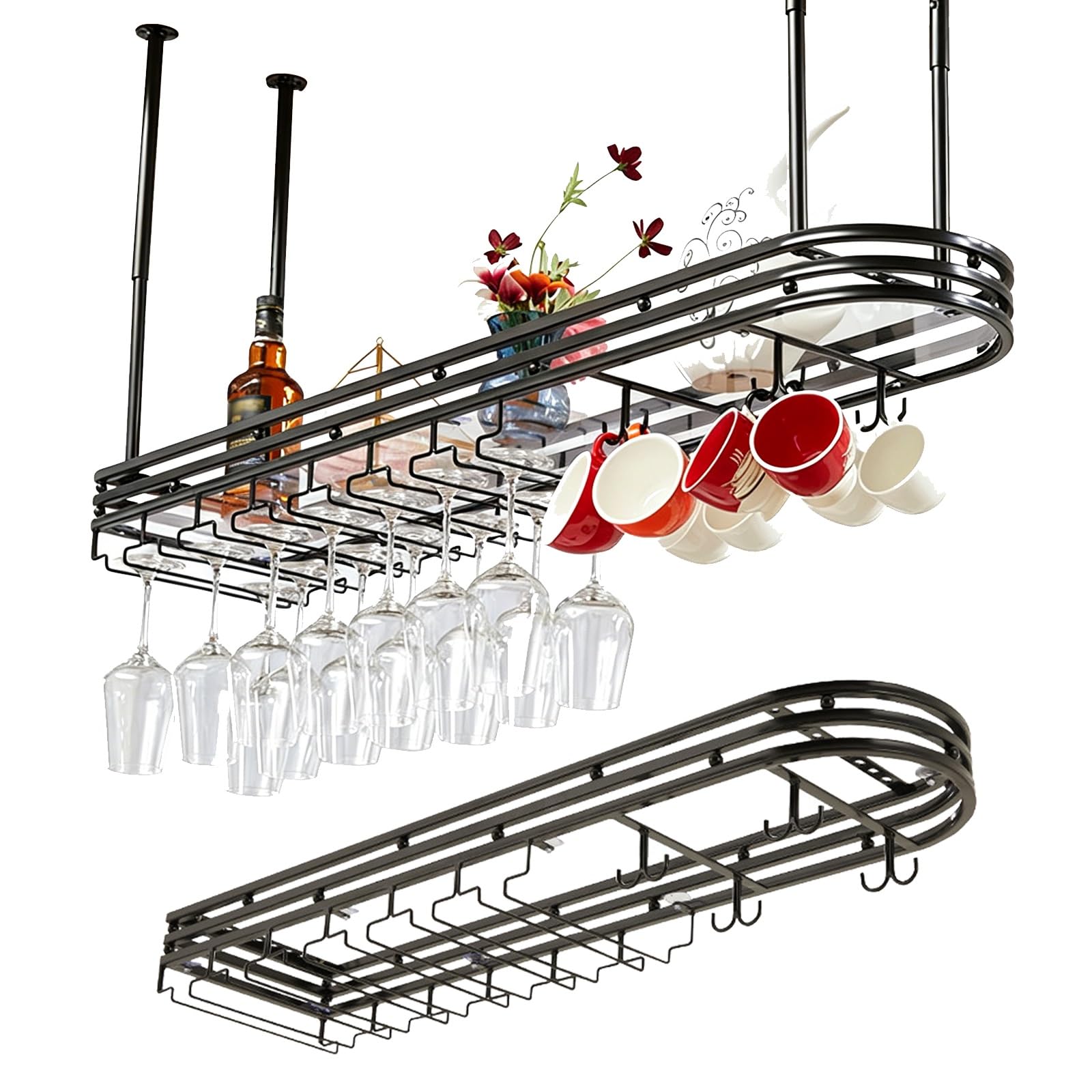 ASYJVWYZ Hanging Wine Glass Rack With Shelf, Ceiling Mounted Stemware Holder & Coffee Cup Organizer For Kitchen Bar, Black/Gold(Black,80x25cm/31x9.8in)