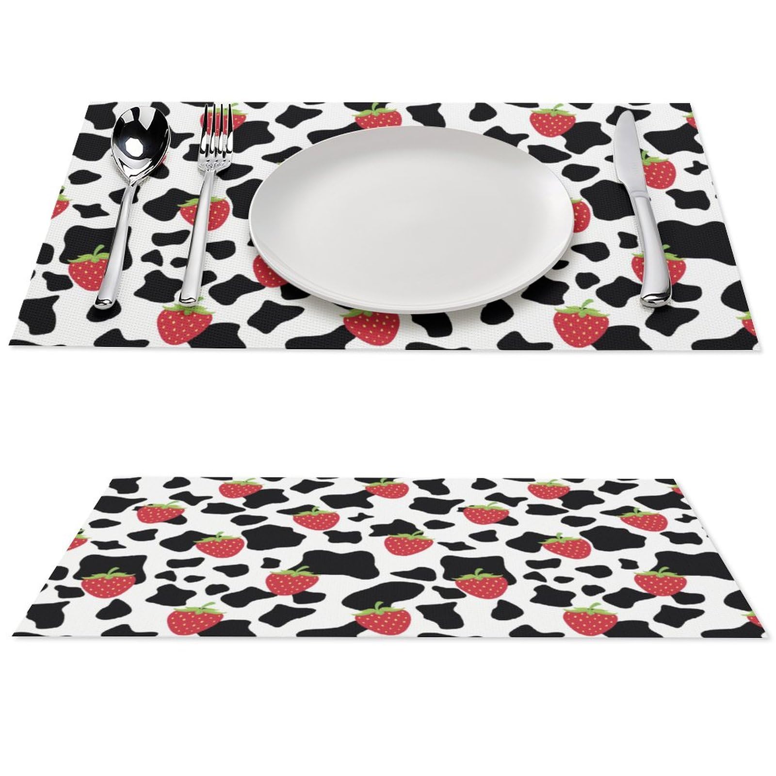 Strawberry Cow Placemats Set of 2 PCS Washable Table Runner 18" X 12" Place Mats for Kitchen Party Dining Decoration