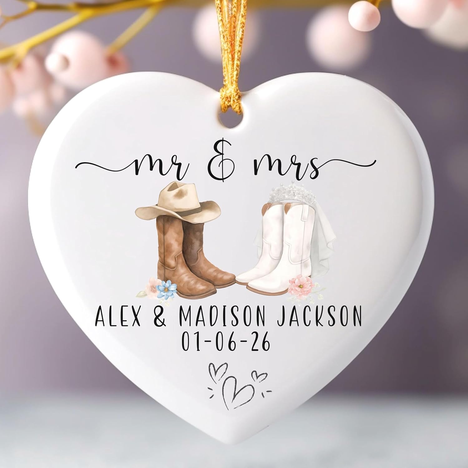 Personalized Christmas Mr and Mrs Western Boots Ornaments, Christmas Wedding Shower Gifts for Couples 2025, Newlywed Ornament Bridal Shower Gifts for Bride - 1St Just Married Multi #7 - Image 1 of 5