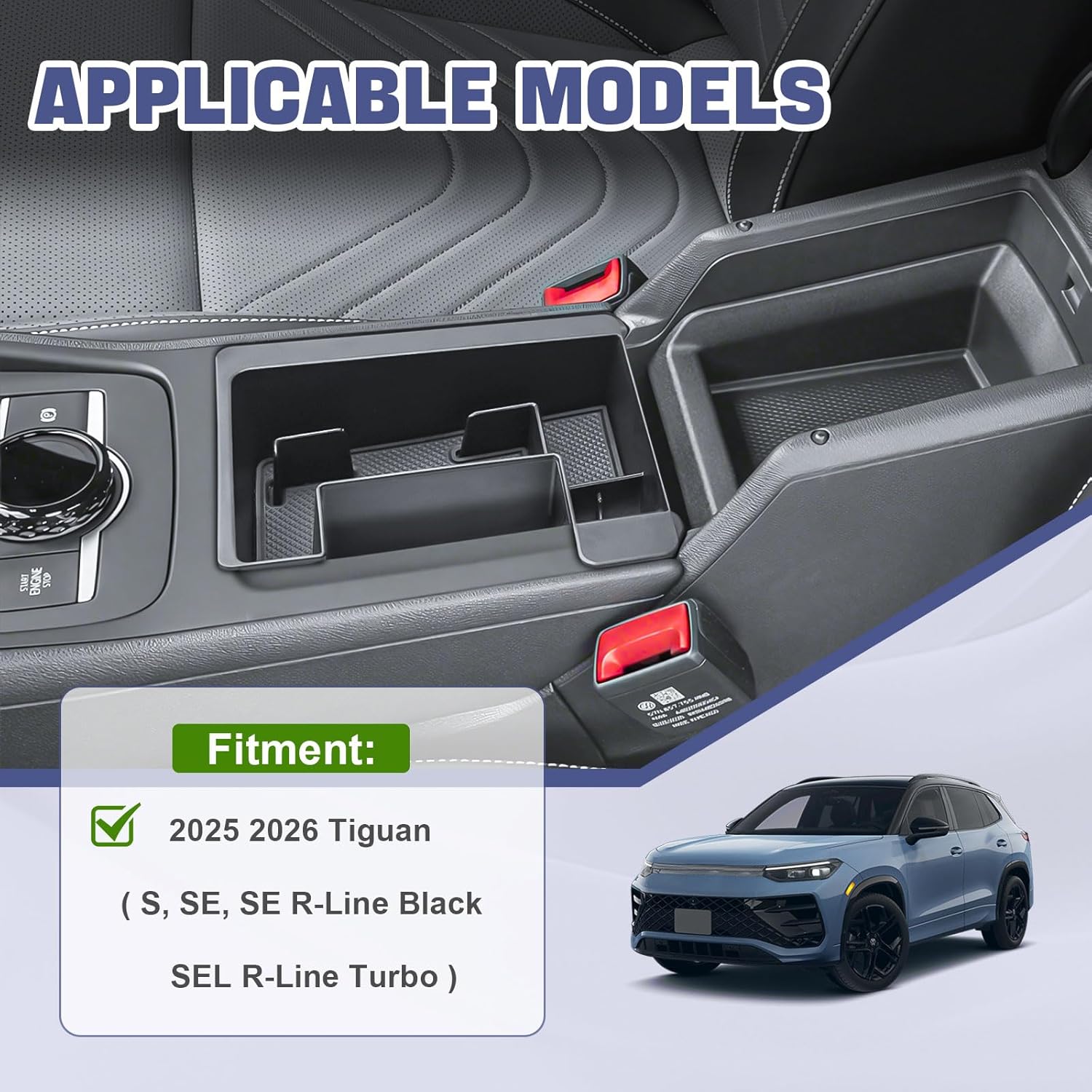 runroad center console organizer tray compatible with 2025 2026 vw tiguan accessories, armrest storage box for volkswagen tiguan s se sel r-line middle console organizer armrest dividers coin holder