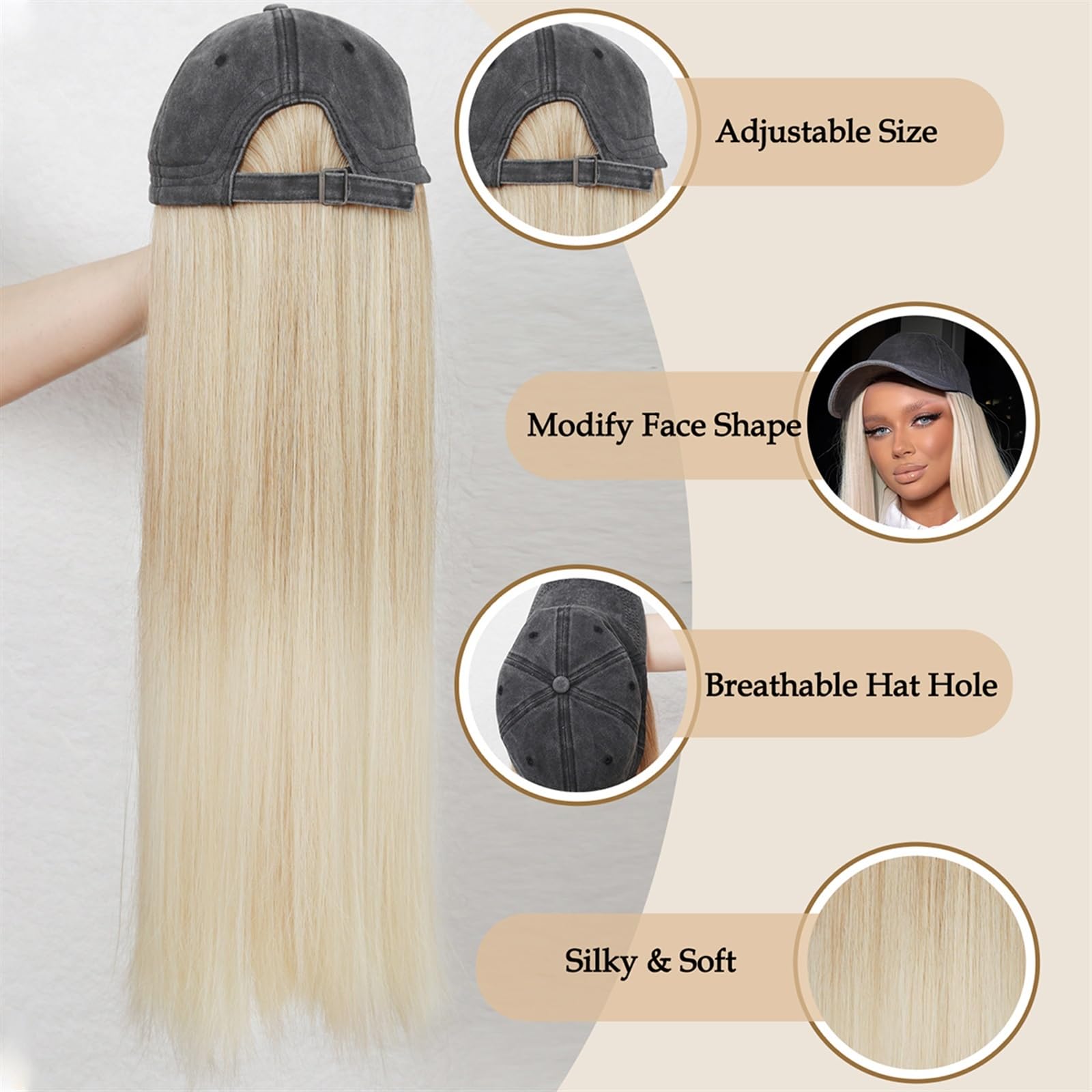 Pelucas de Pelo Largo y Liso con Gorra de béisbol, Pelucas de Sombrero de 26 Pulgadas Adjuntas for Mujer, Gorra de béisbol Ajustable con extensión de Pelo sintético(Red)