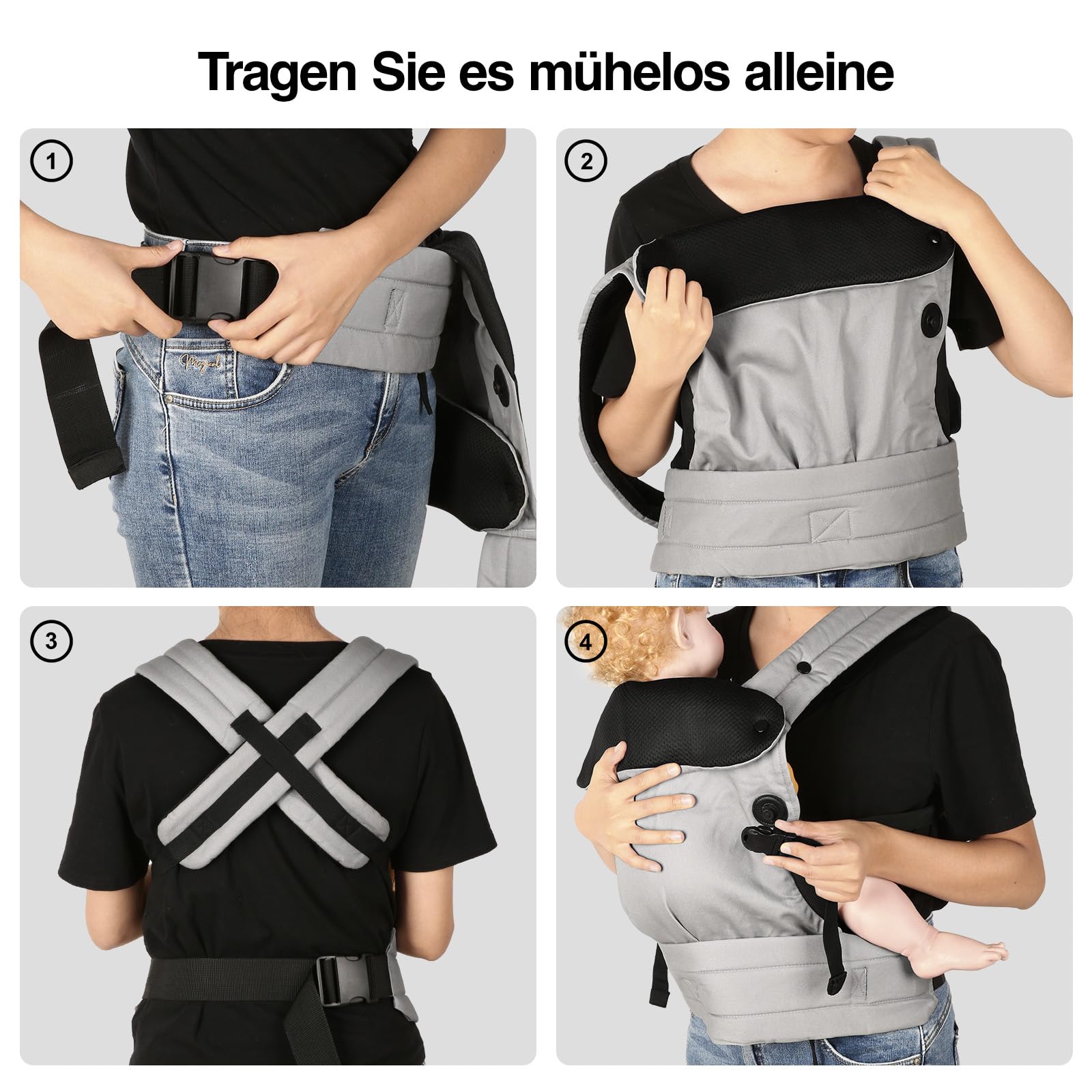 Babytrage für Neugeborene bis Kleinkinder, Ergonomische Bequeme und Leichte Tragetuch, Verstellbare Kopf- und Nackenstütze, Verbesserte Lendenwirbelstütze für Babys 4-20 kg 3-36 Monate, Grau