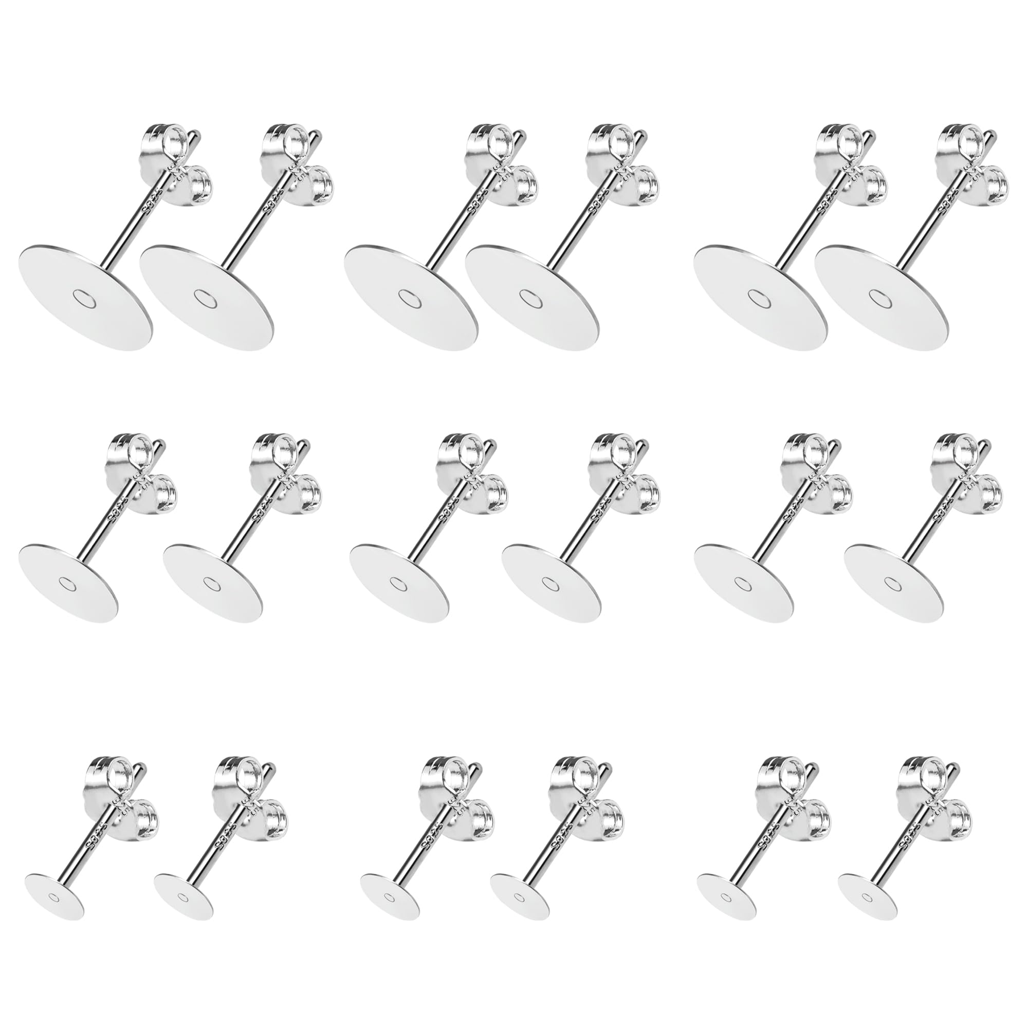Silber 925 Hypoallergene Ohrstecker Rohlinge Set - 36 Stück Selbstmach-Schmuck mit Schmetterlingsverschlüssen 4/6/8 mm