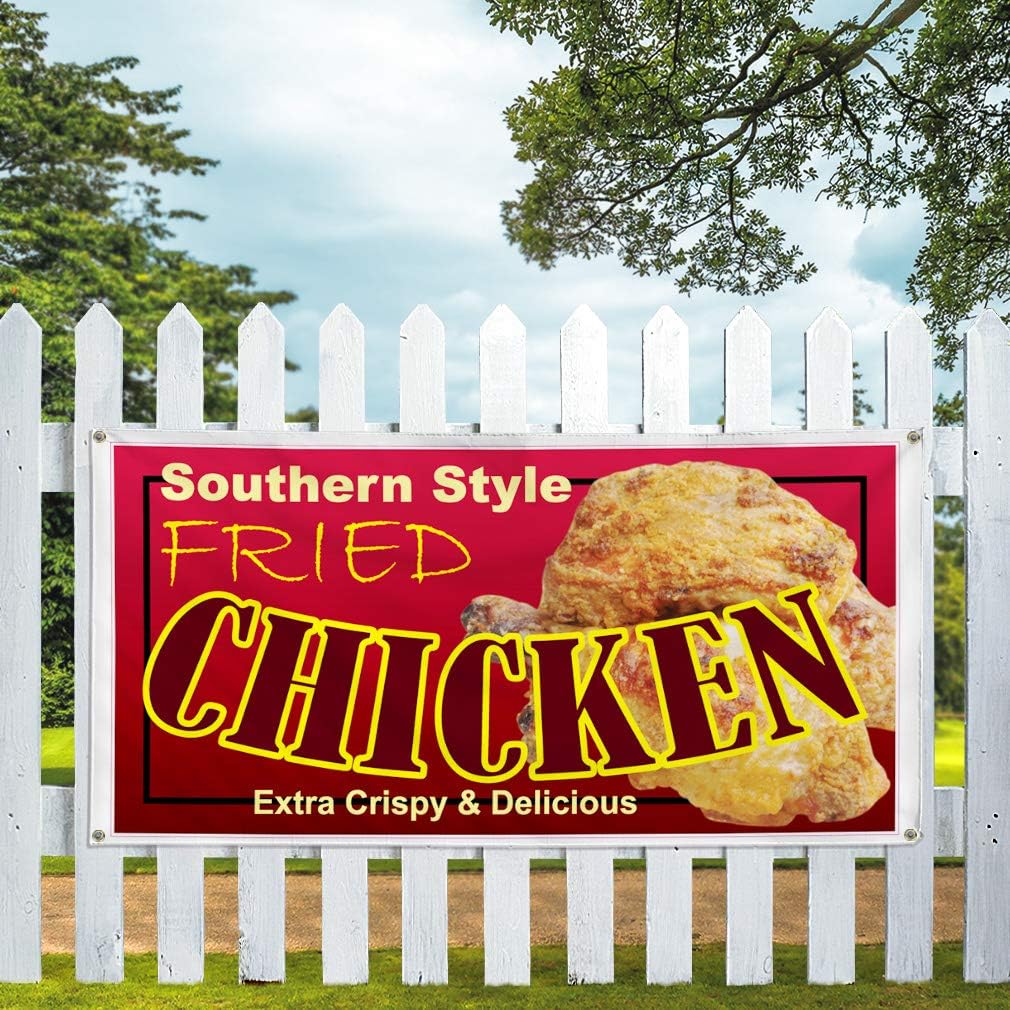 Vinyl Banner Multiple Sizes Southern Style Fried Chicken Restaurant Cafe B Restaurant & Food Outdoor Weatherproof Industrial Yard Signs Brown 4 Grommets 24x36Inches