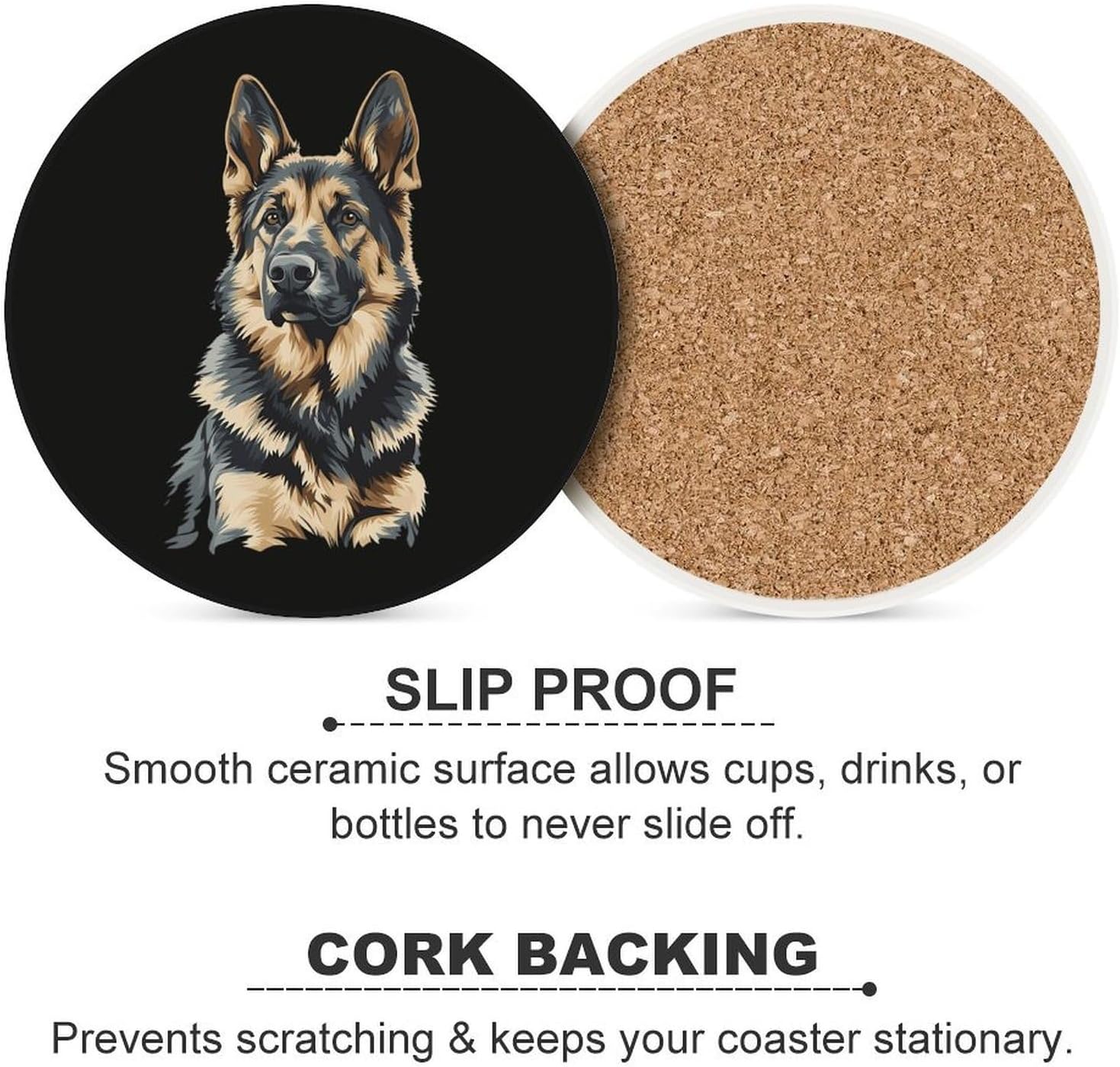 German Shepherd Dog Round Ceramic Coasters Print Drinks Absorbent with Cork Base for Home Decor Gifts 4 Inch