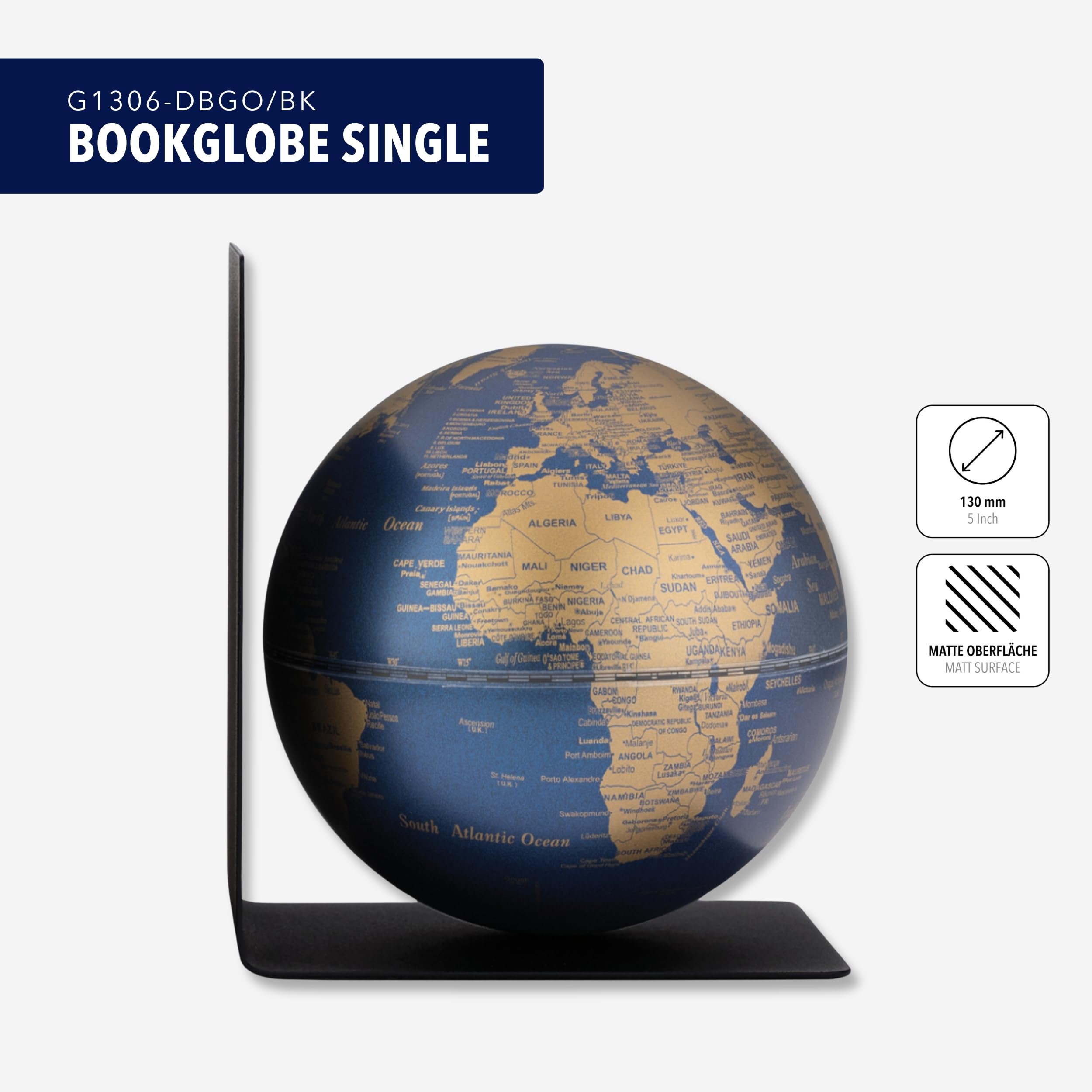 TROIKA Globus mit Buchstütze aus Metall BOOKGLOBE SINGLE magnetischer Globus mit 13 cm Durchmesser Kunststoff und Metall mit matter dunkelblau und goldfarbener Oberfläche Troika Original