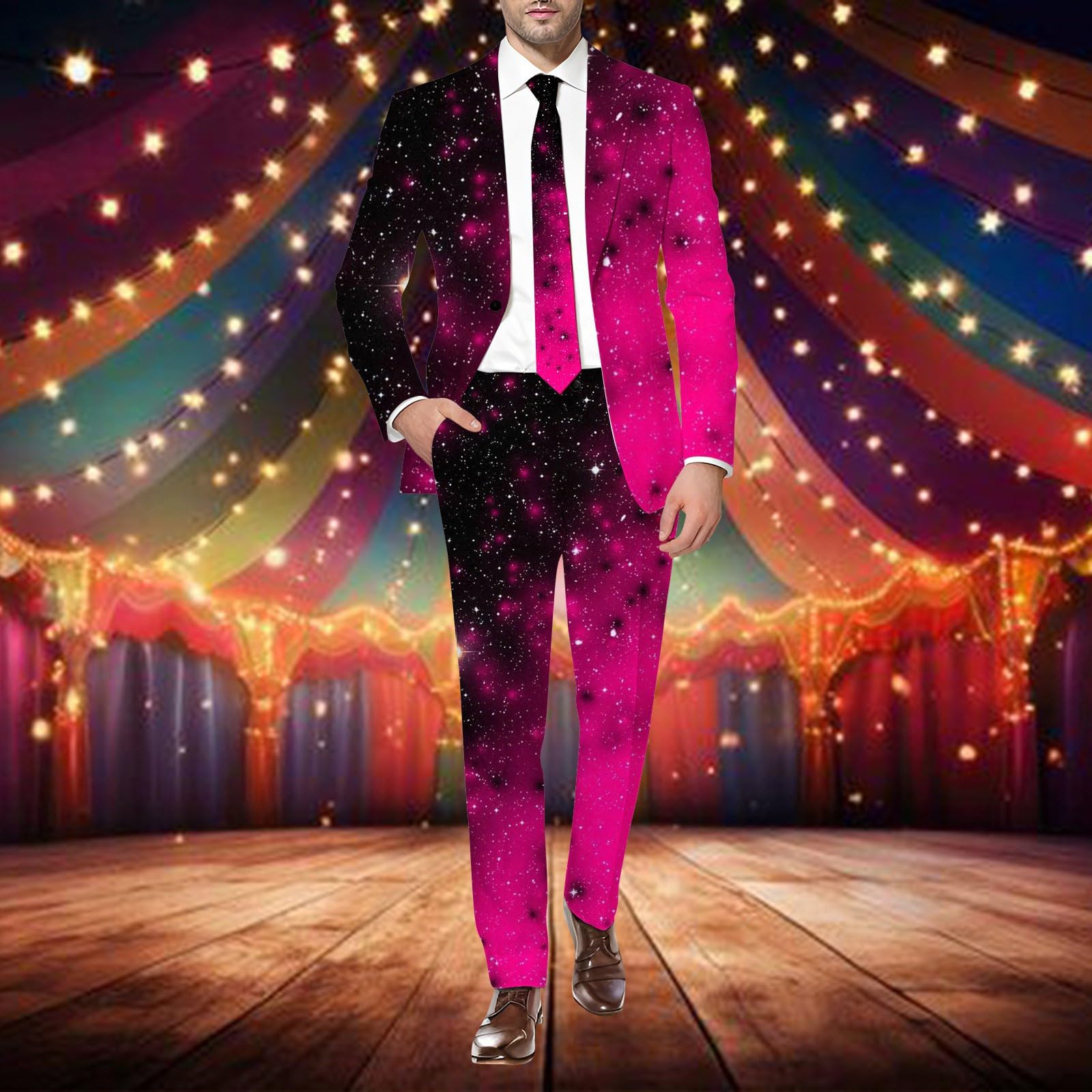 Glitzer Anzug Set Herren Karneval Kostüm Pailletten Blazer und Hose Zweiteiliges Party Anzugjacke und Anzughose 3D Digital Druck Slim fit Outfit Glänzende Sakko Herrenanzug Faschingkostüm Pink