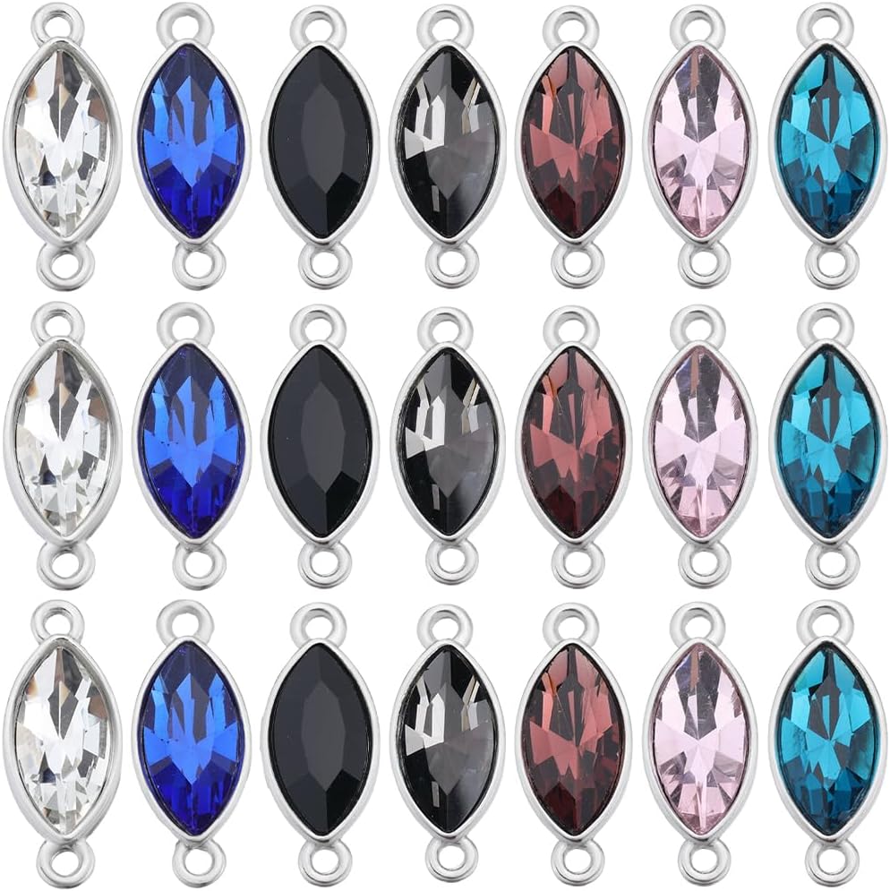 SUNNYCLUE 1 Box 42Pcs 7 Colors Rhinestone Link Charms Glass Connector Charm Bulk Silver Alloy Flat Round Faceted Horse Eye Links Gemstone 2 Holes Charm for Jewelry Making DIY Bracelet Necklace Earring