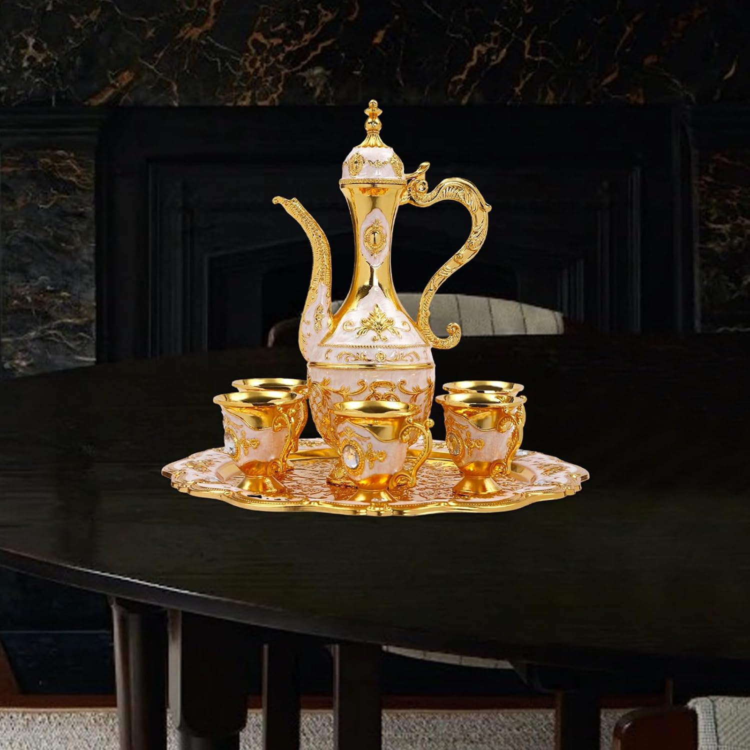 Vintage Tea Set, Turkish Tea Set, Vintage Turkish Coffee Set with Pot and 6 Cups, Tea Service Set Including Teapot,Cups,Tea Tray, for Living Room, Dining Room, Bedroom, Coffee Shop (White)