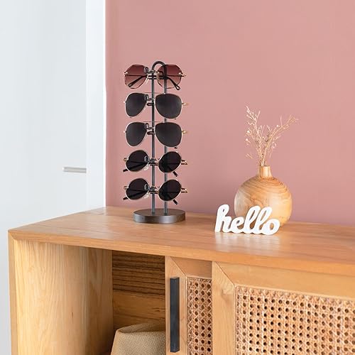 Miniatura 3 de Mkono Sunglasses Organizer Glasses Holder Stand Sunglass Storage Eyeglasses Rack Metal Frame with Wood Base for 5 Pairs of Eyewear Display for Table