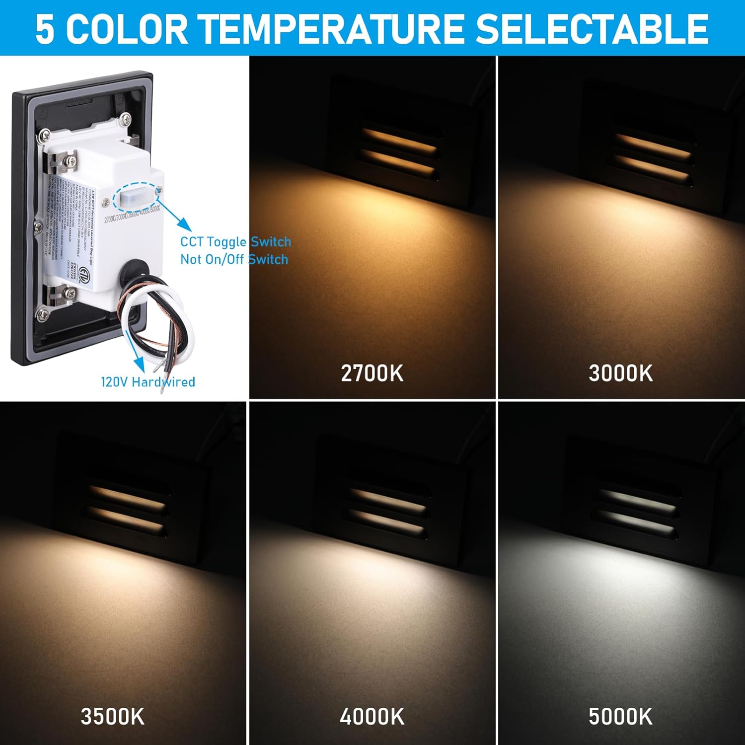 LEONLITE 5CCT 120V LED Step Lights, 3.5W Dimmable Horizontal Louvered Stair Lights Indoor Outdoor, Wet Location, CRI90, ETL, 2700K/3000K/3500K/4000K/5000K, Aluminum, Black, Pack of 3