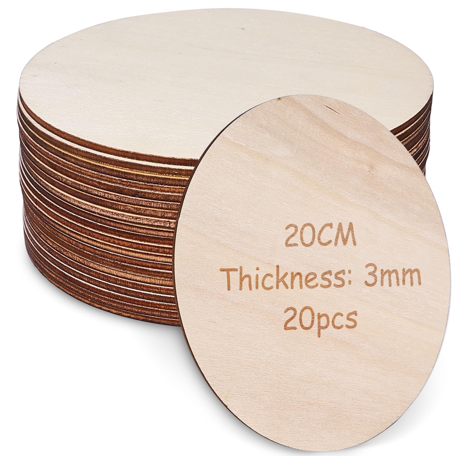 GAOUTO 20 dischi di legno rotondi, 3 mm di spessore, 20 cm di diametro, dischi in legno naturale non trattato, pannelli rotondi in compensato per decorazioni, artigianato, pittura fai da te