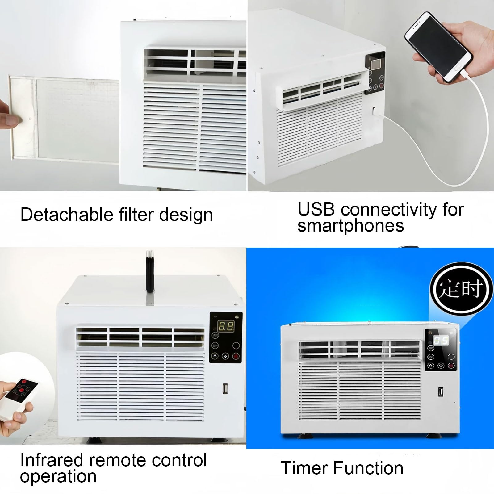 1100W/2500BTU Klimatyzator Przenośny do Biura 220V z Rurą Wylotową | Panel Dotykowy/Pilott Zdalnego Sterowania Port USB Osuszanie Powietrza Wyjmowany Filtr Camping