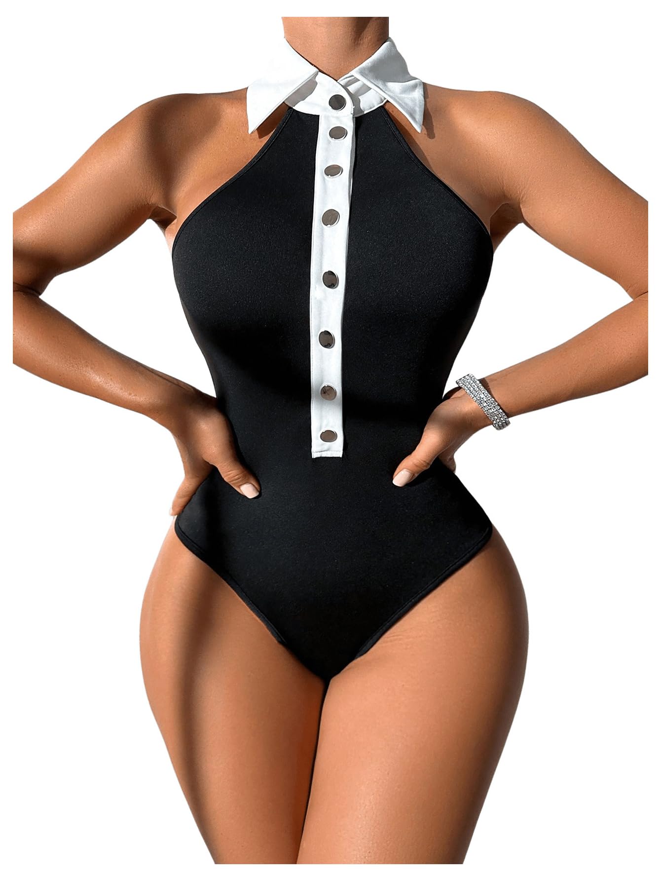 SweatyRocks Women's Lapel Button Down Shirt Halter Backless Tank Bodysuit | Sleeveless Bo…