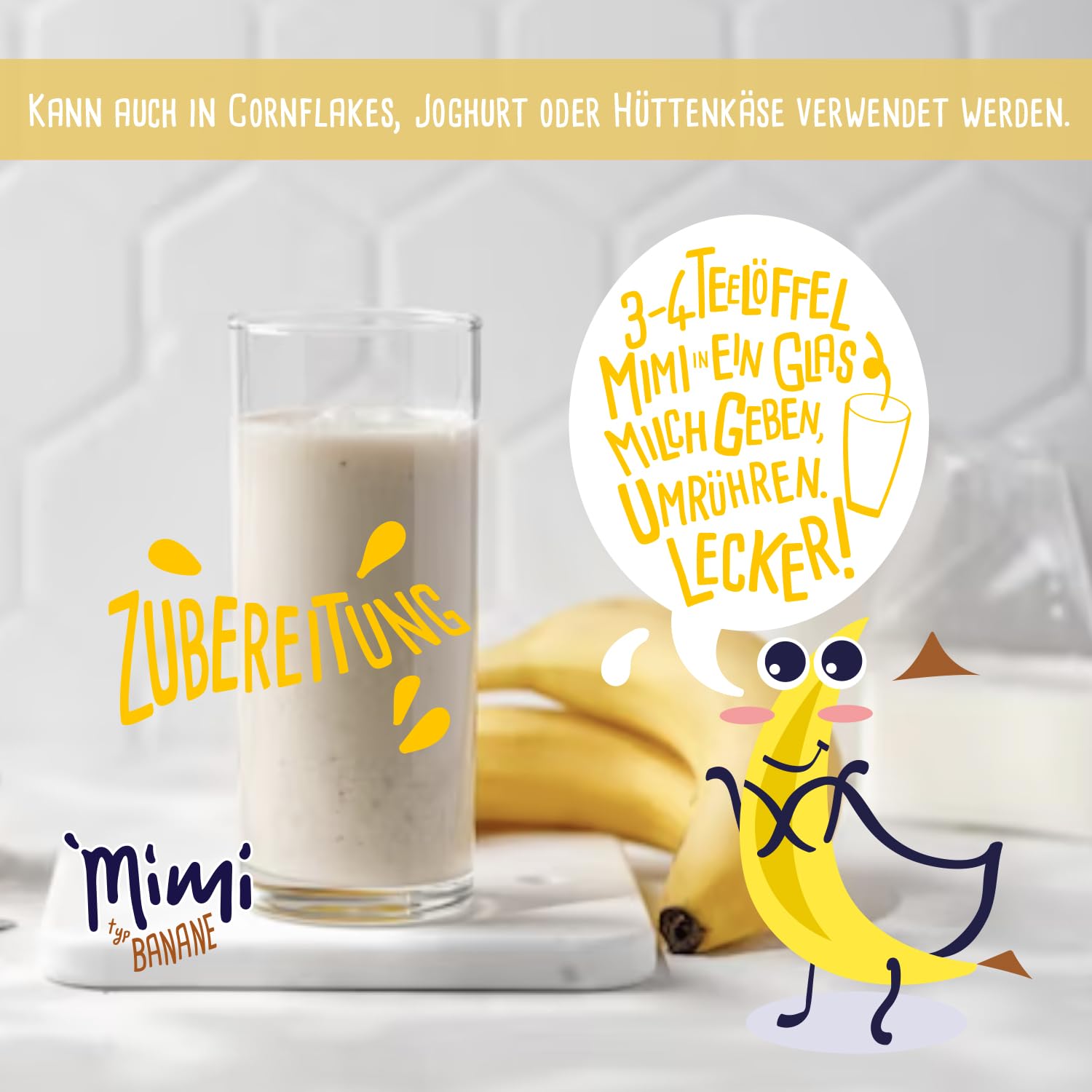 Mimi Milk Milk Banana Bebida Polvo 12 x 400 g - Pack de Almacenamiento - Polvo de bebida soluble en leche con sabor a plátano - Soluble en frío y caliente - Ideal para ocio, oficina, familia grande