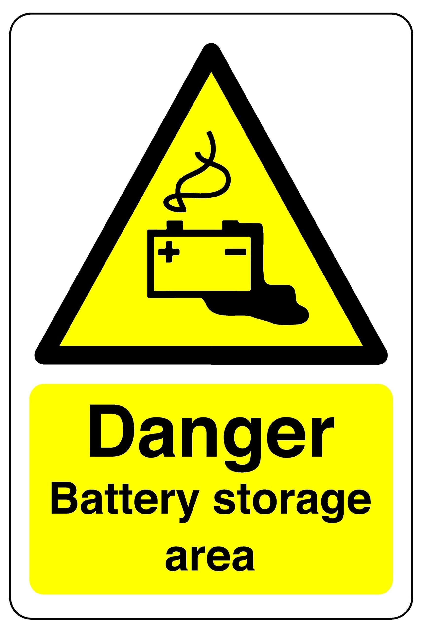 Safety First Display Ltd Yellow/Black Danger Battery Storage Area - 1.2Mm Rigid Plastic For Indoor/Outdoor Usage (300Mm X 200Mm) Viewing Distance Within 7M.