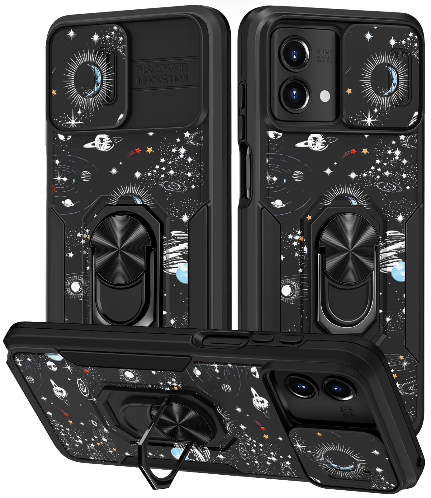 for Motorola Moto G Stylus 5G 2023 Phone Case with Camera Cover Slide & Stand for Women, Planets Space Stars Design Durable Lens Protector Shockproof Cases for Moto G Stylus 5G 2023 6.6”